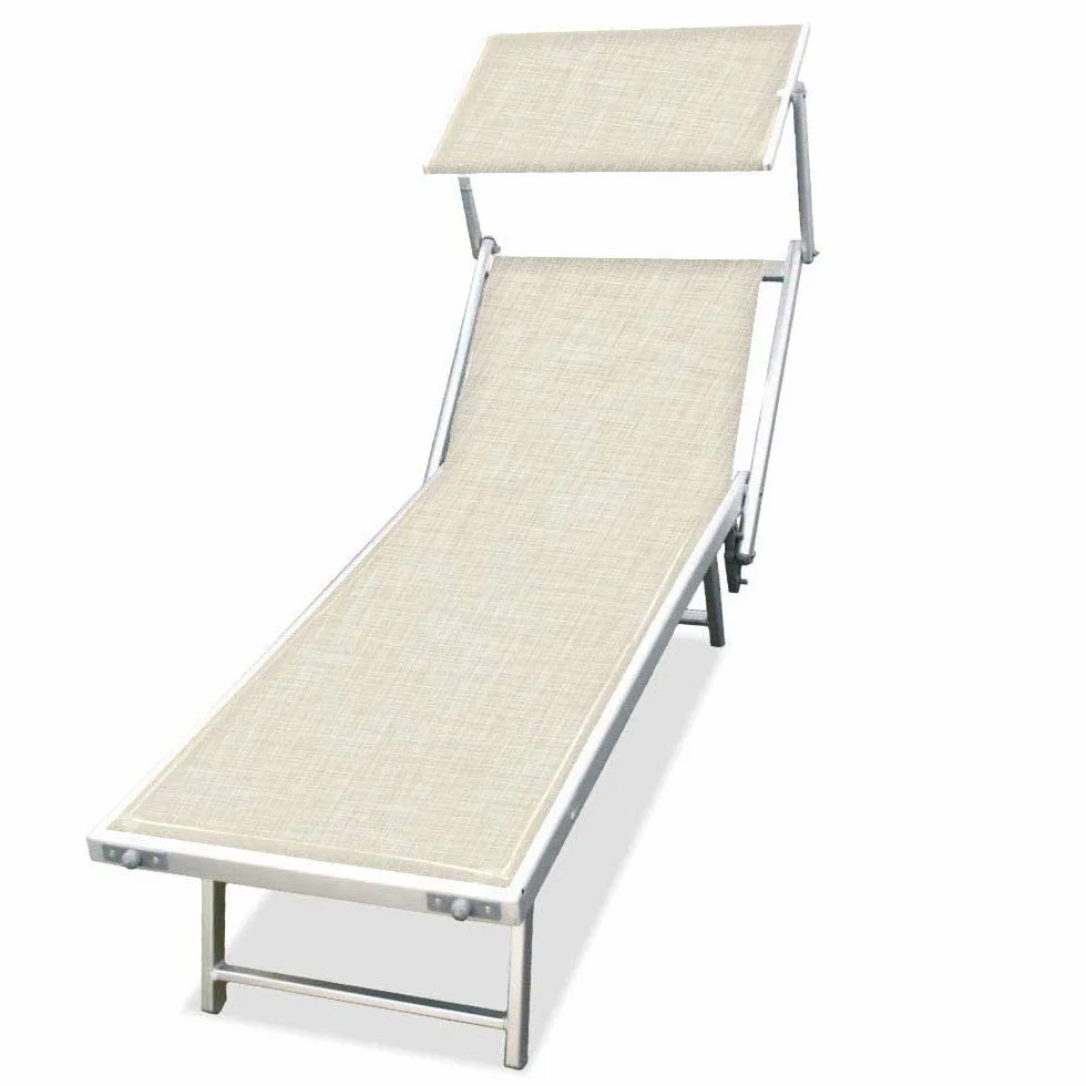 Lettino Prendisole Pieghevole in Alluminio 190x60x40/90 cm con Tettuccio Parasole Ecru Melange