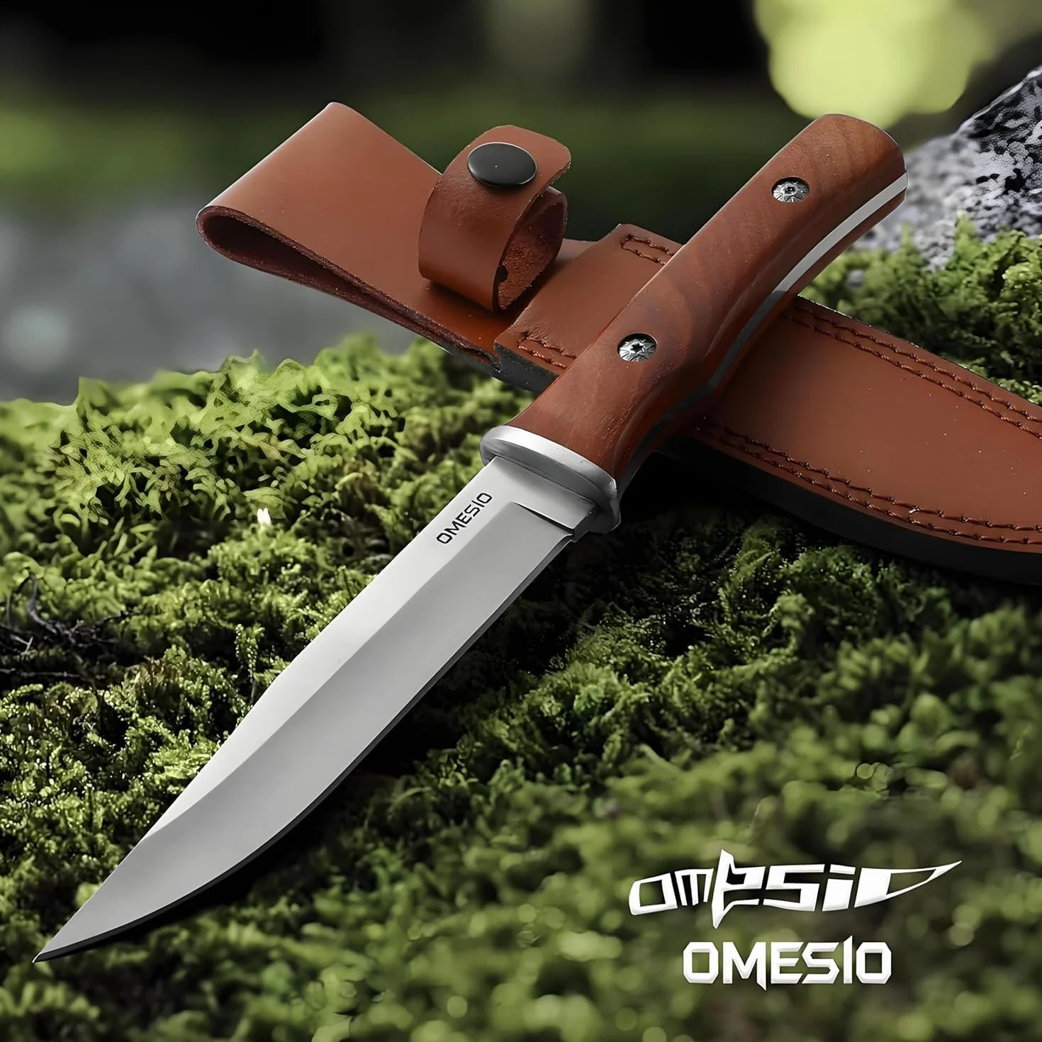 Omesio Coltello Da Sopravvivenza Outdoor Coltello Da Caccia Coltello Outdoor con Fodero in Pelle Coltello Da Giungla con Lama Affilata Robusto Per La Sopravvivenza e Il Campeggio Manico in Legno