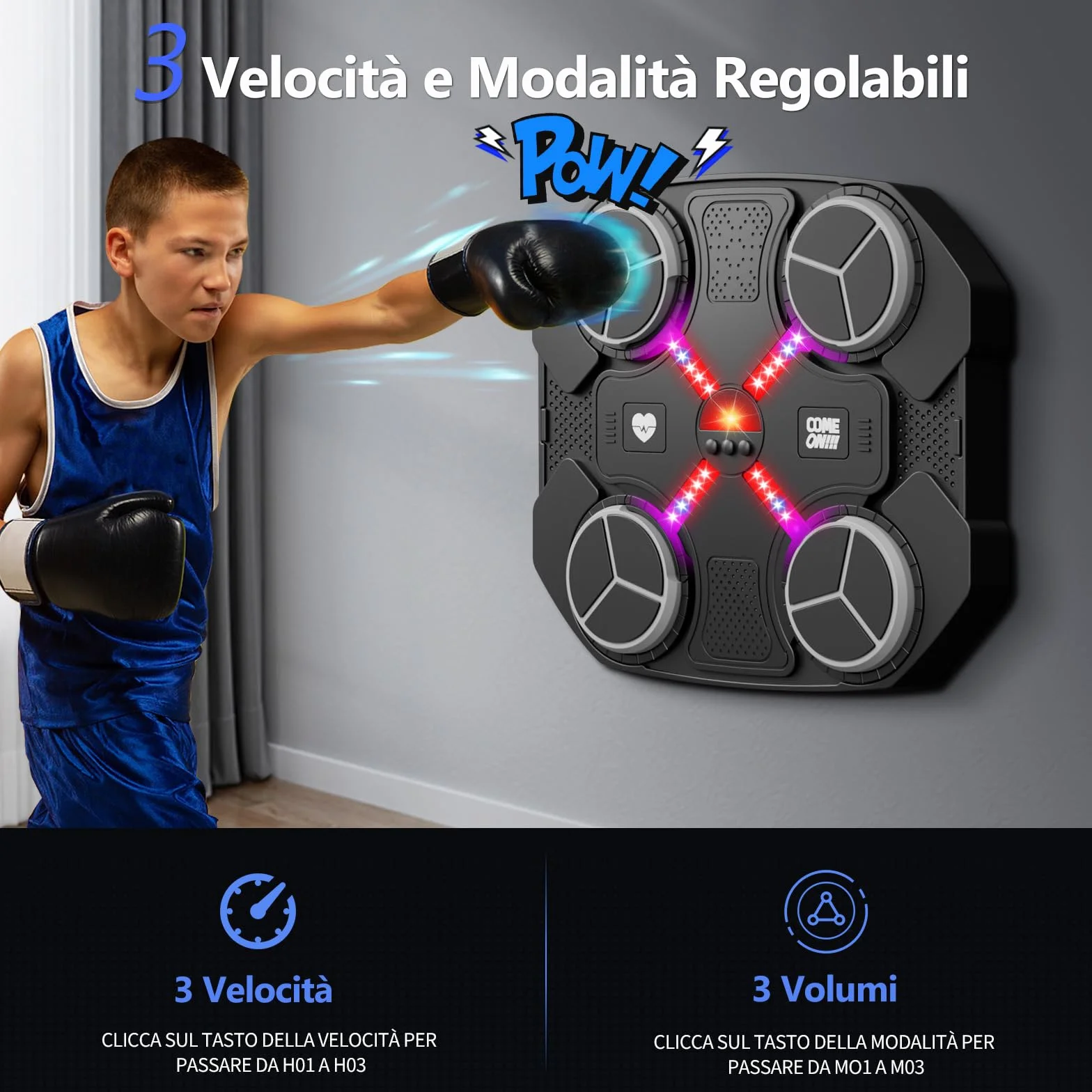 Macchina da Boxe Musicale, Music Boxing Machine Bluetooth Ricaricabile da Montare a Muro con 3 Livelli di velocità, Guanti, Luci Colorate, Cuscinetti da Boxe, Regalo per Ragazzi e Ragazze (Nero)