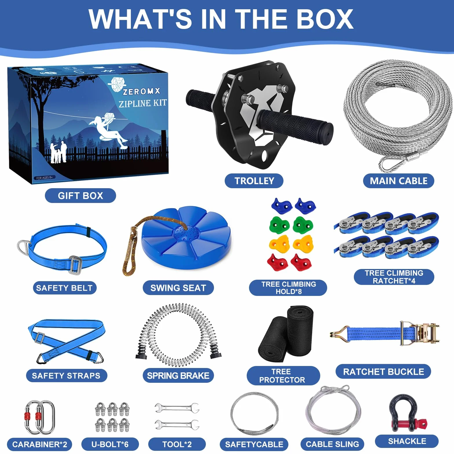Kit Zip Line 48,8 m per bambini e adulti 172,4 kg - Carrello rimovibile con leone, freno a molla 2 m, protezioni per alberi