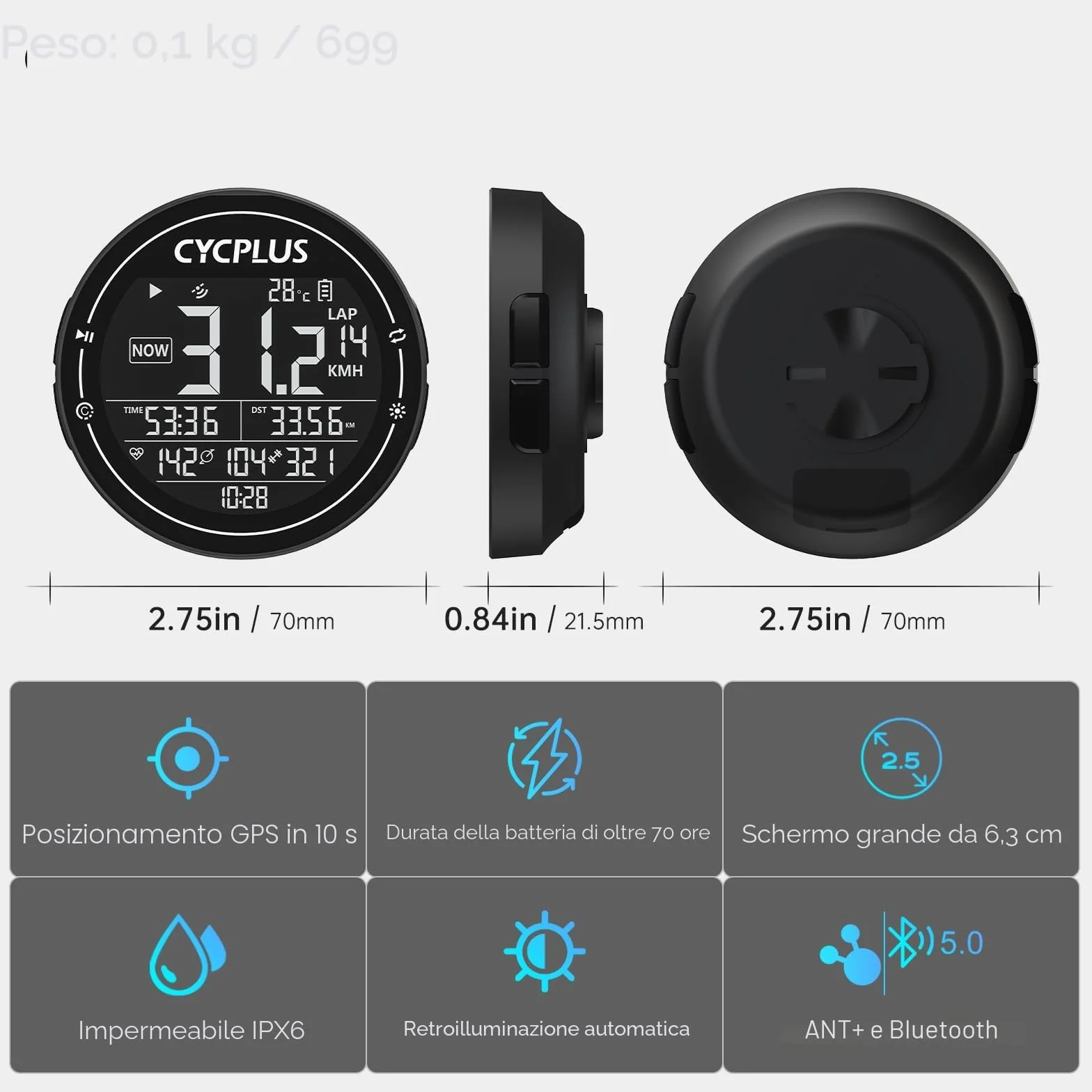 CYCPLUS Computer da bicicletta GPS Tachimetro Senza Fili IPX6 ANT+ Bluetooth 5.0