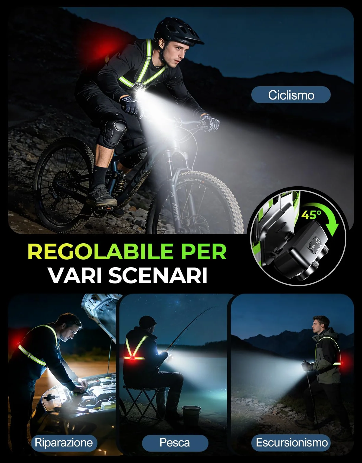 Luce Running 800LM IPX4 Impermeabile 7+2 Modalità Autonomia 4-25 Ore 45° Regolabile per Ciclismo Jogging