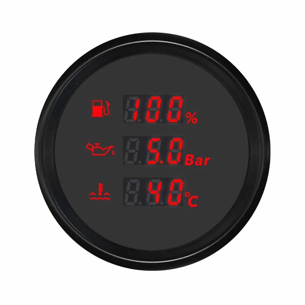 ELING Misuratore digitale multifunzione da 52 mm con indicatore di livello del serbatoio del carburante, pressione dell'olio, indicatore della temperatura dell'acqua 12 V 24 V con retroilluminazione a