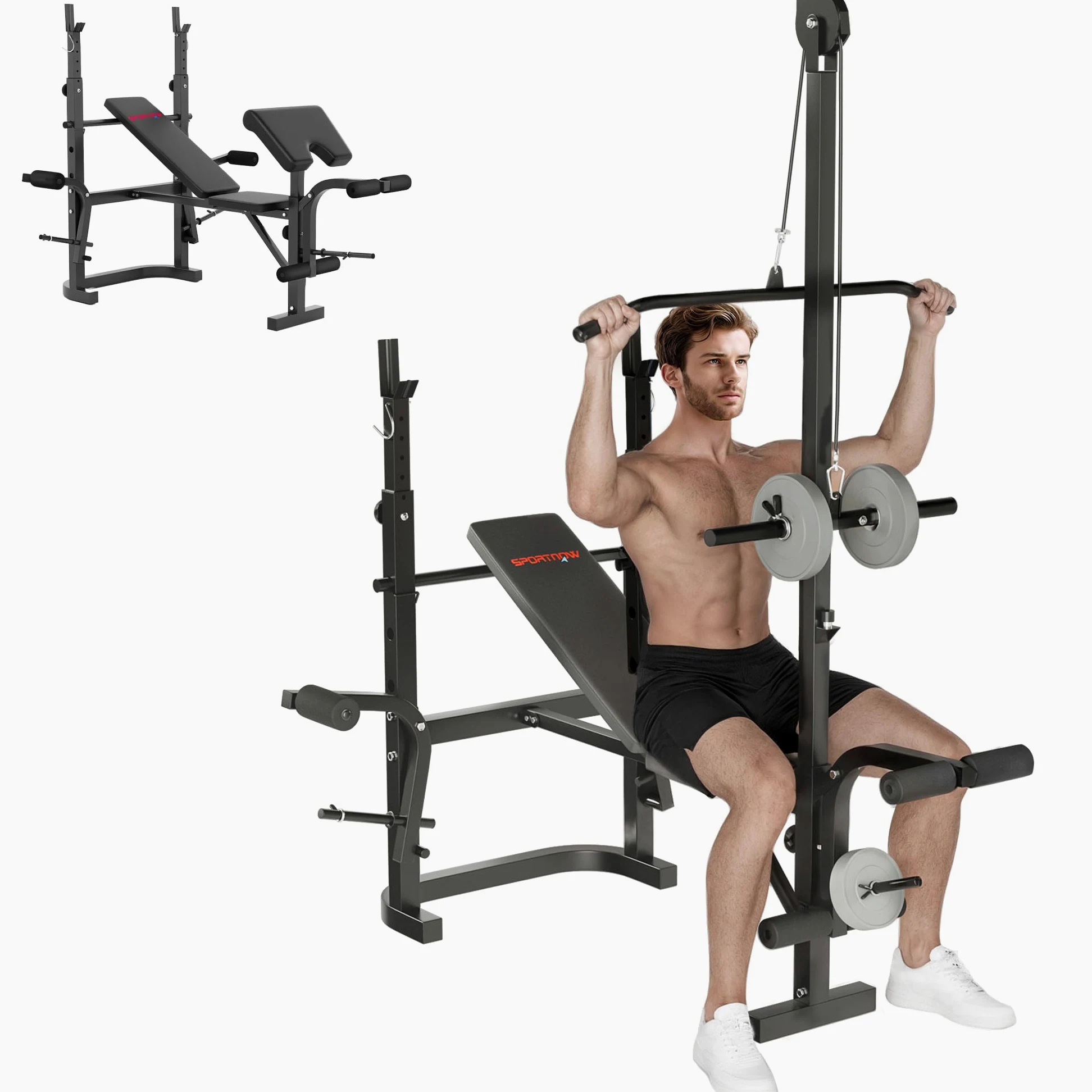 SPORTNOW Panca Palestra Multifunzione Regolabile con Rack Bilanciere, Panca Preacher Curl, Panca Pesi Inclinabile Piana con Leg Extension, Barra Lat Pull Down, Allenamento Palestra Casa, Nero