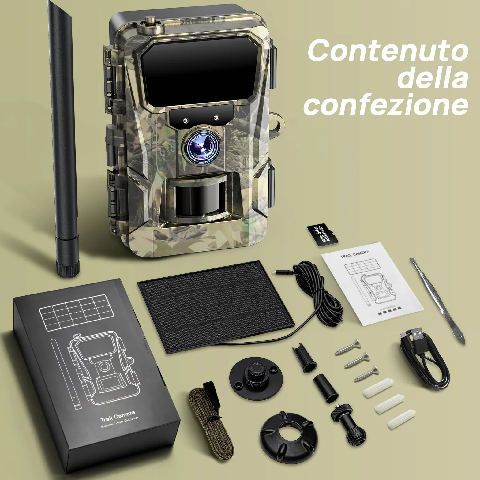 iZEEKER 2 en 1 Fototrappola Solare 4G LTE con SIM e 64GB Scheda Micro SD, HD 48MP Fotocamera Caccia Visione Notturna, Batteria 5200mAh, APP Controllo Remoto, IP66 Impermeabile
