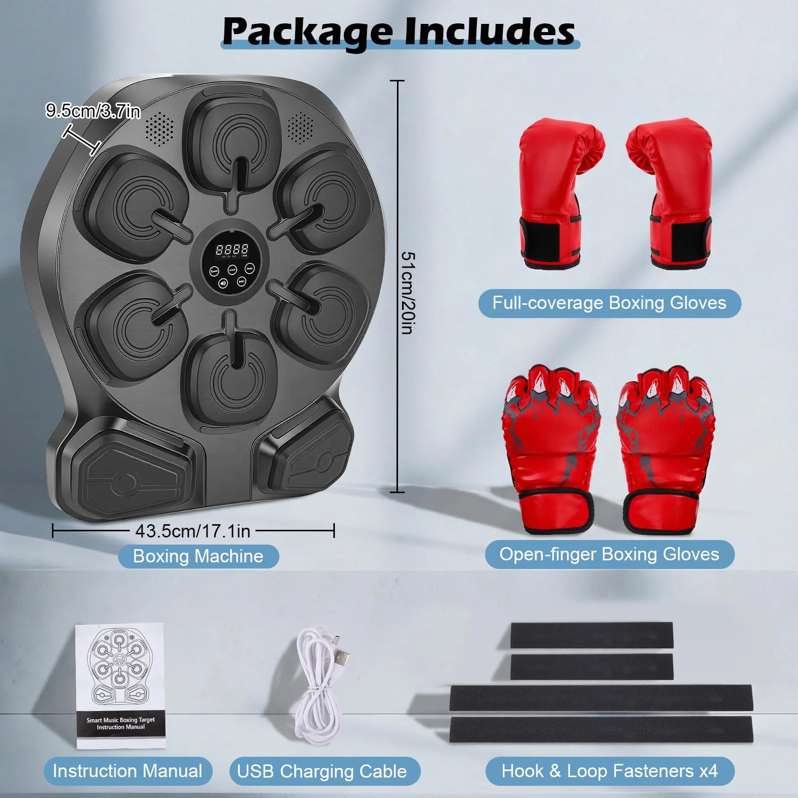 Macchina da boxe con musica, montaggio a parete, 9 modalità e 9 livelli di velocità, allenatore musicale con illuminazione a LED e Bluetooth, guantoni da boxe, per casa, ufficio e palestra