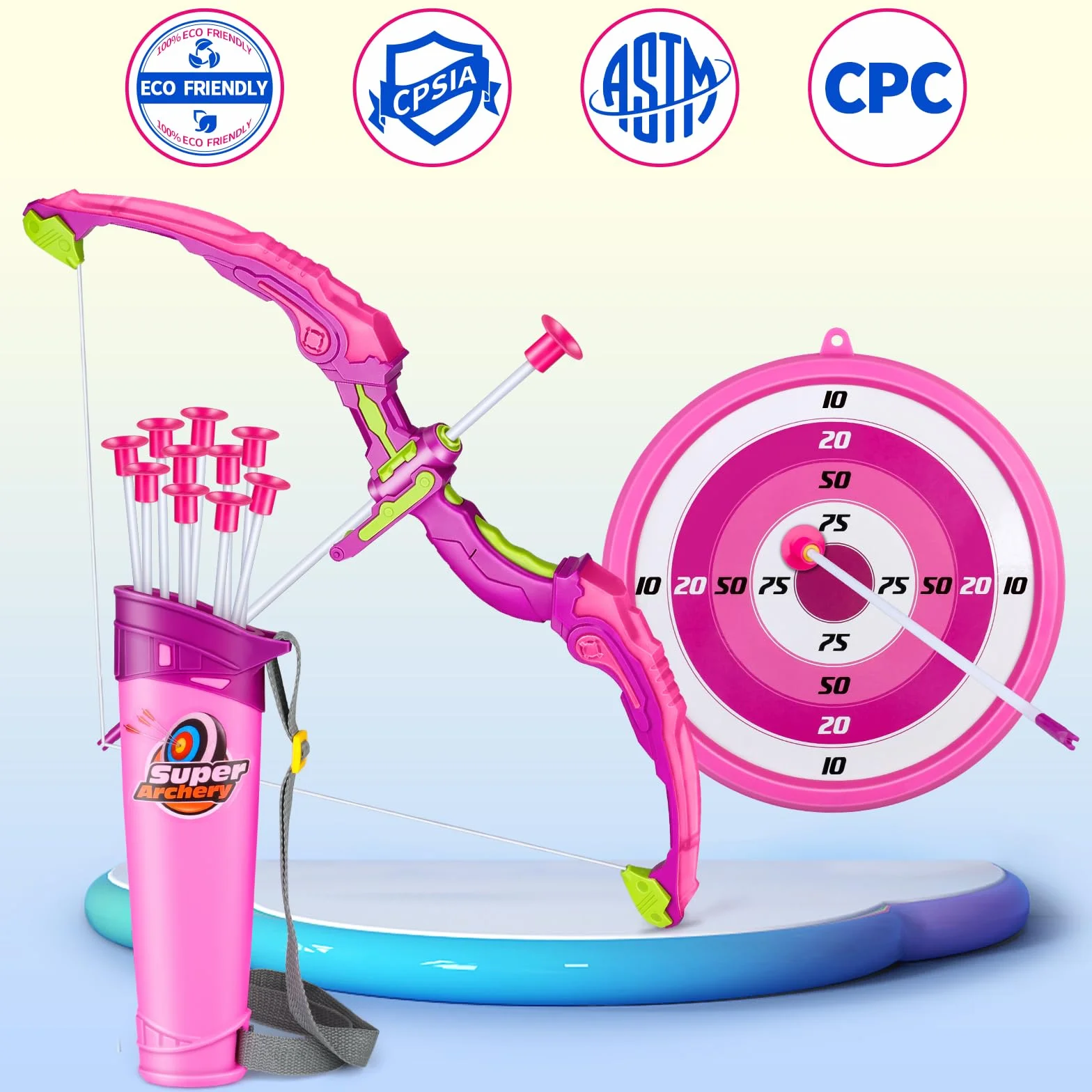 Arco e Frecce per Bambini con Luci LED, 2 in 1 Set Tiro con L'Arco, 1 Bersaglio e 10 Frecce a Ventosa, Regalo per Bambine 4-8 Anni