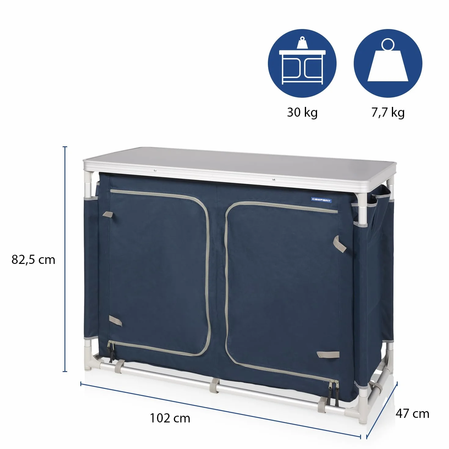 Campart Credenza da campeggio Bilbao 2 compartimenti 3 ripiani 4 tasche laterali piedi regolabili borsa da trasporto Blu