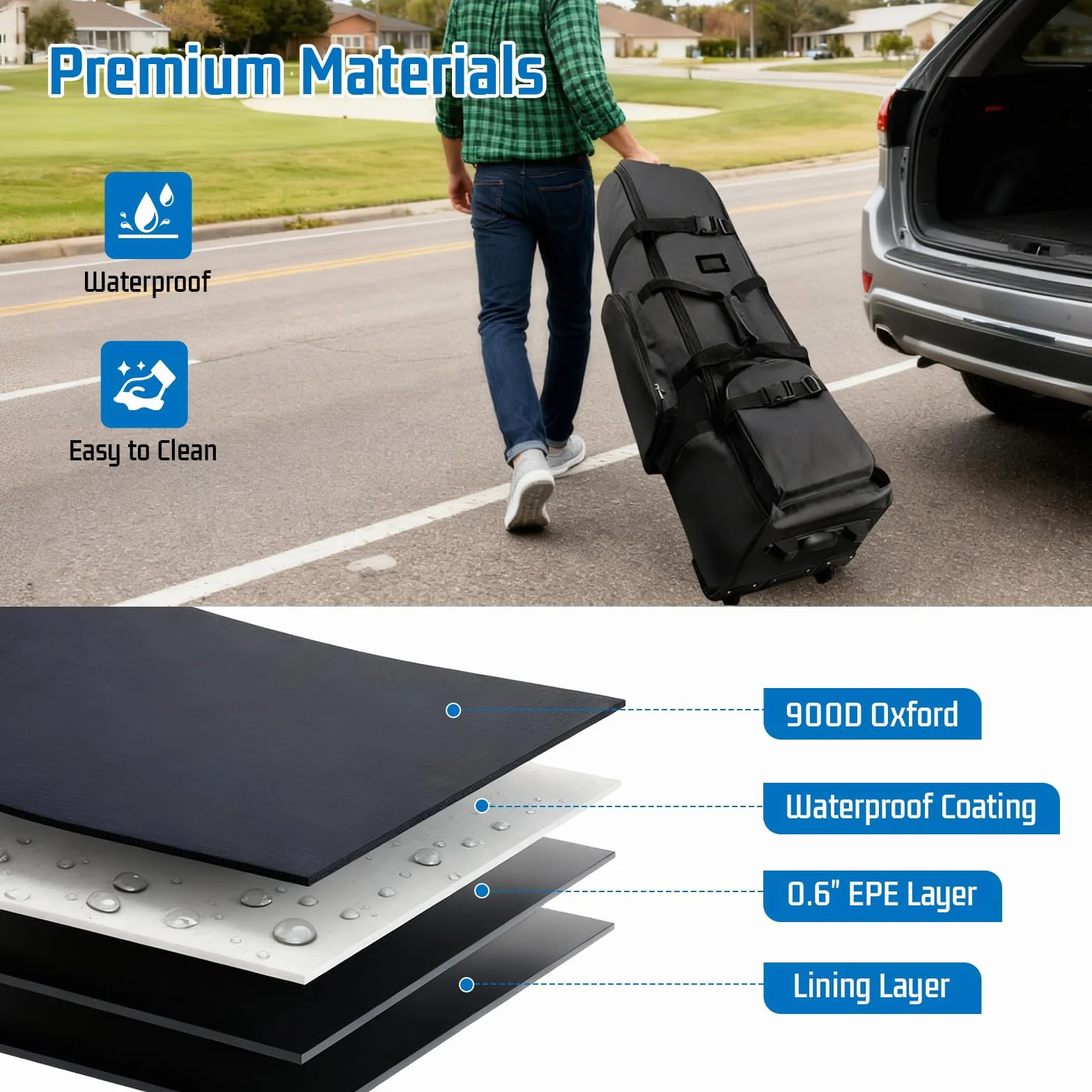 Valigia da Golf in Tessuto Oxford 900D Impermeabile Custodia da Viaggio con Ruote
