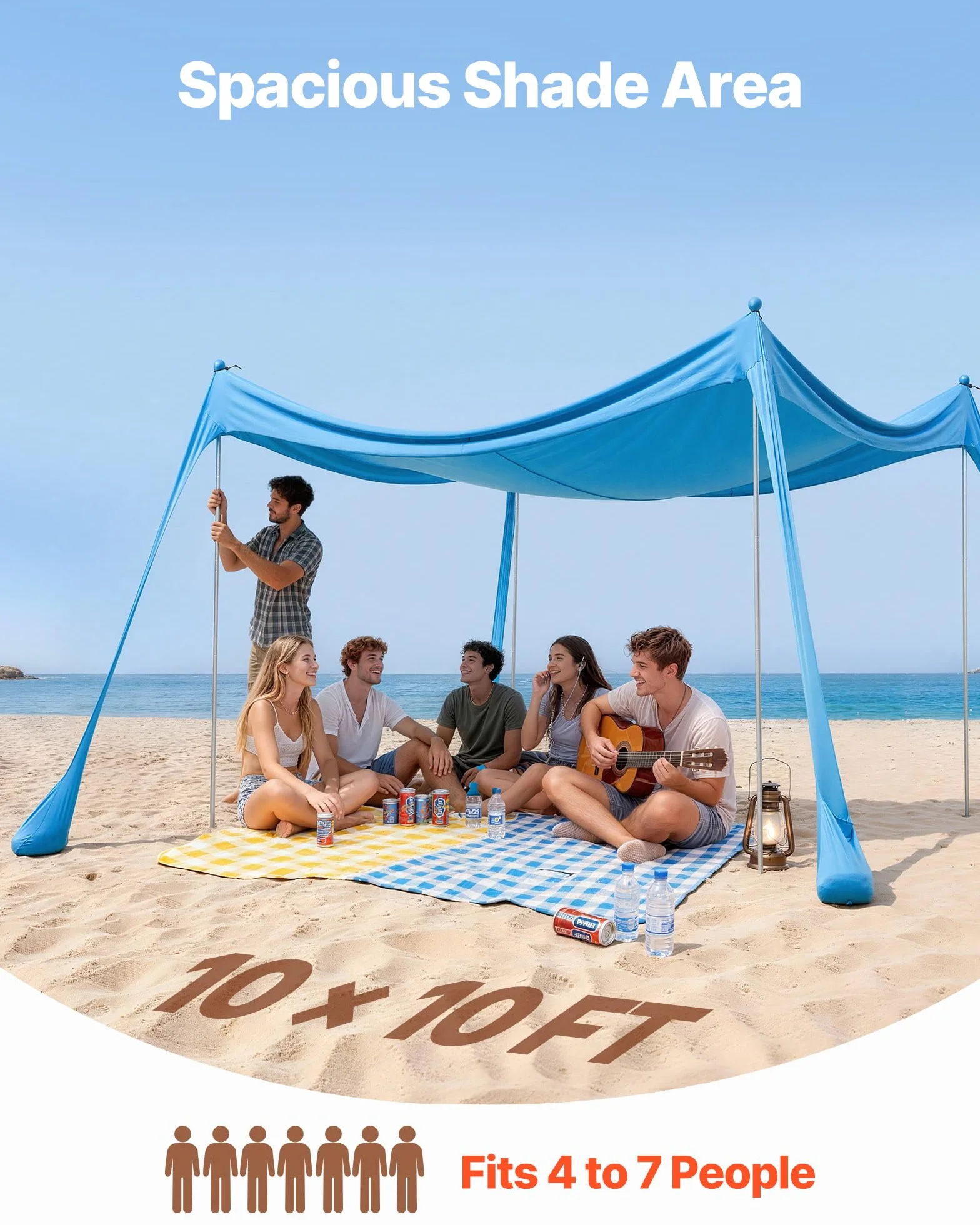 VEVOR Tenda Parasole Portatile da Spiaggia per Esterno Protezione Solare UPF 50+ 3 x 3 x 2 m, Parasole da Spiaggia con Pali di Supporto Ancoraggio Tenda Portatile per Campeggio Viaggio Pesca, Blu
