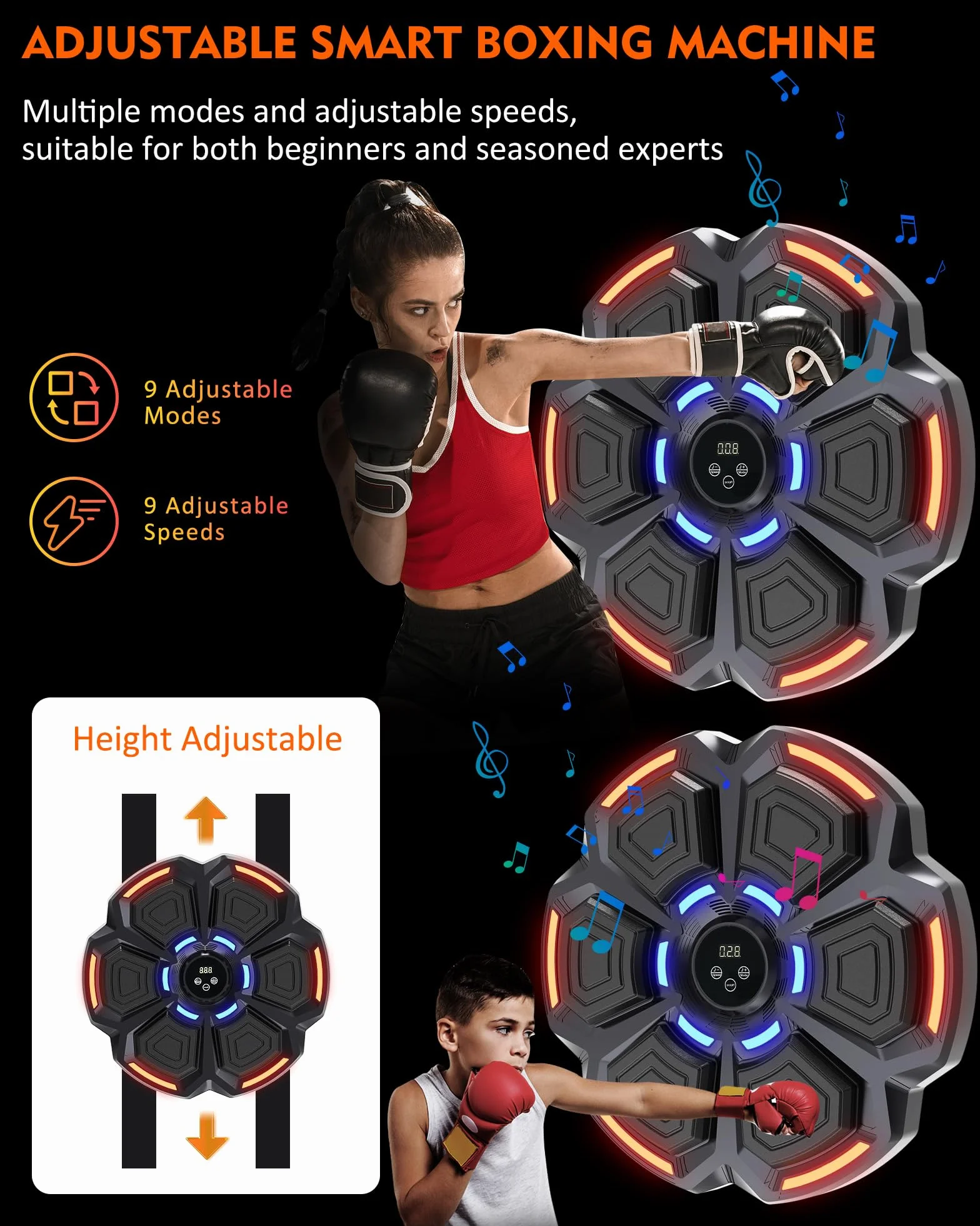 snawowo Music Boxing Machine Adulti - 9 modalità di velocità Macchina da Box Musicale Pugile con Guanti da Boxe - LED Parete Tira Pugni con Musica - Bluetooth Boxe Allenamento per Casa