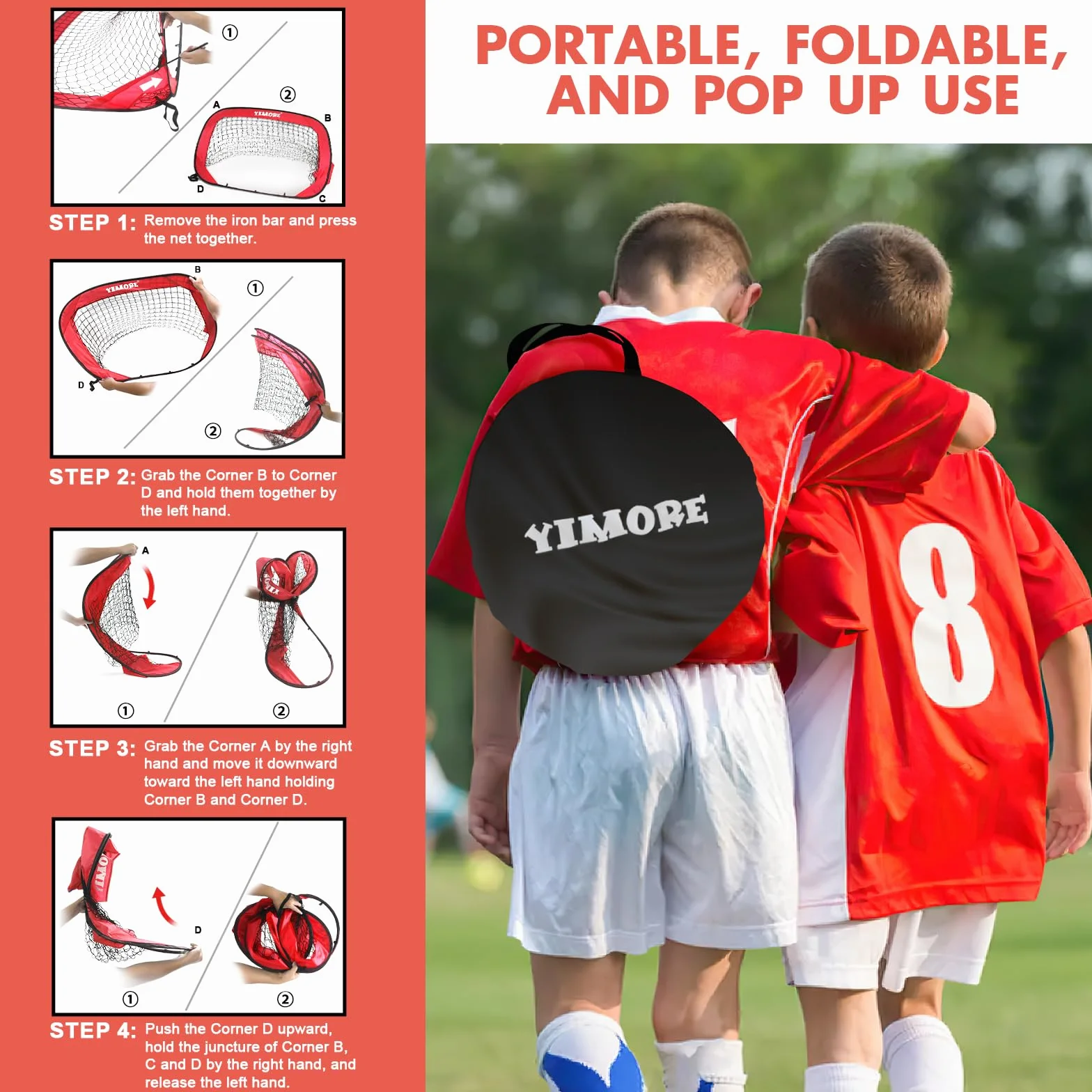 YIMORE Porta da Calcio per Bambini, 120x80x80cm, Pieghevole Pop-up, per Interni ed Esterni