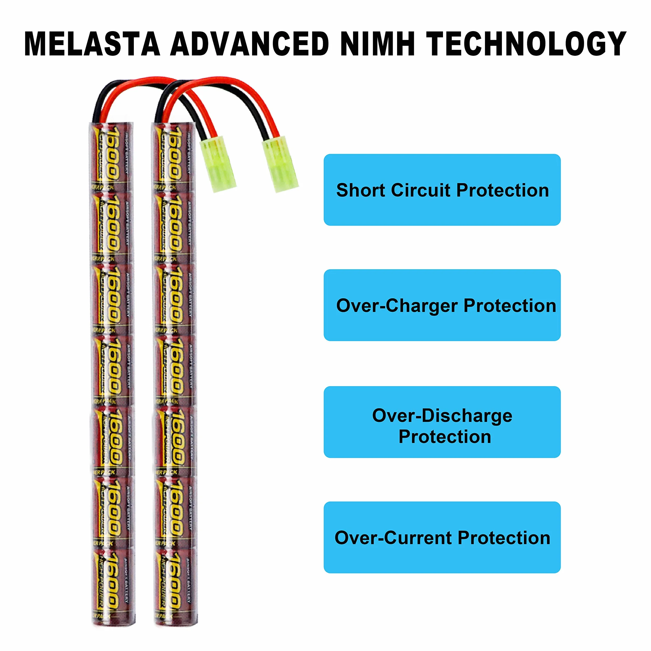 Melasta 8.4V 1600mAh NiMH Airsoft Batteria Mini Tamiya Connettore 2 Pezzi per AK47 MP5K RPK PKM