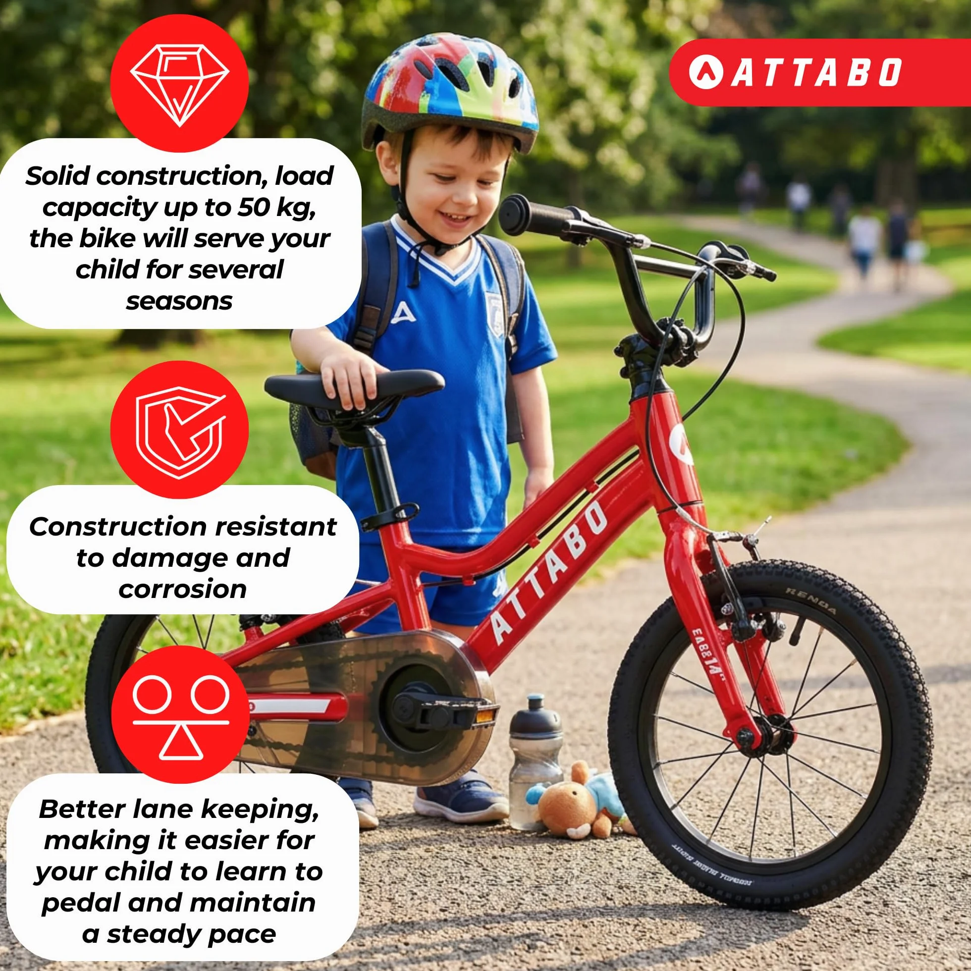 ATTABO Ease 14 Bicicletta per bambini telaio alluminio leggero ruote 14" portata 50 kg ergonomica stabile