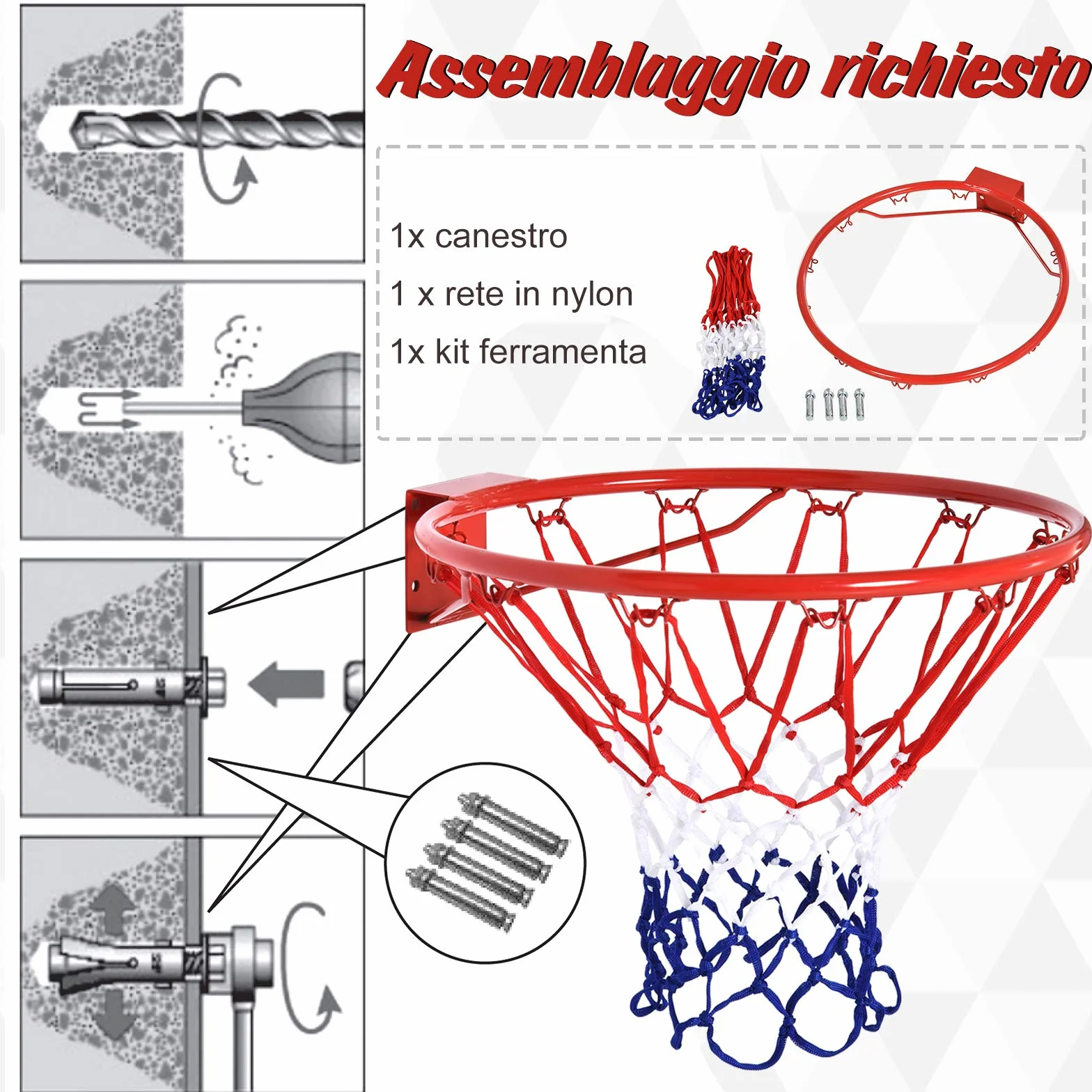 HOMCOM Canestro Basket da Muro in Ferro con Rete in Nylon, Φ46cm