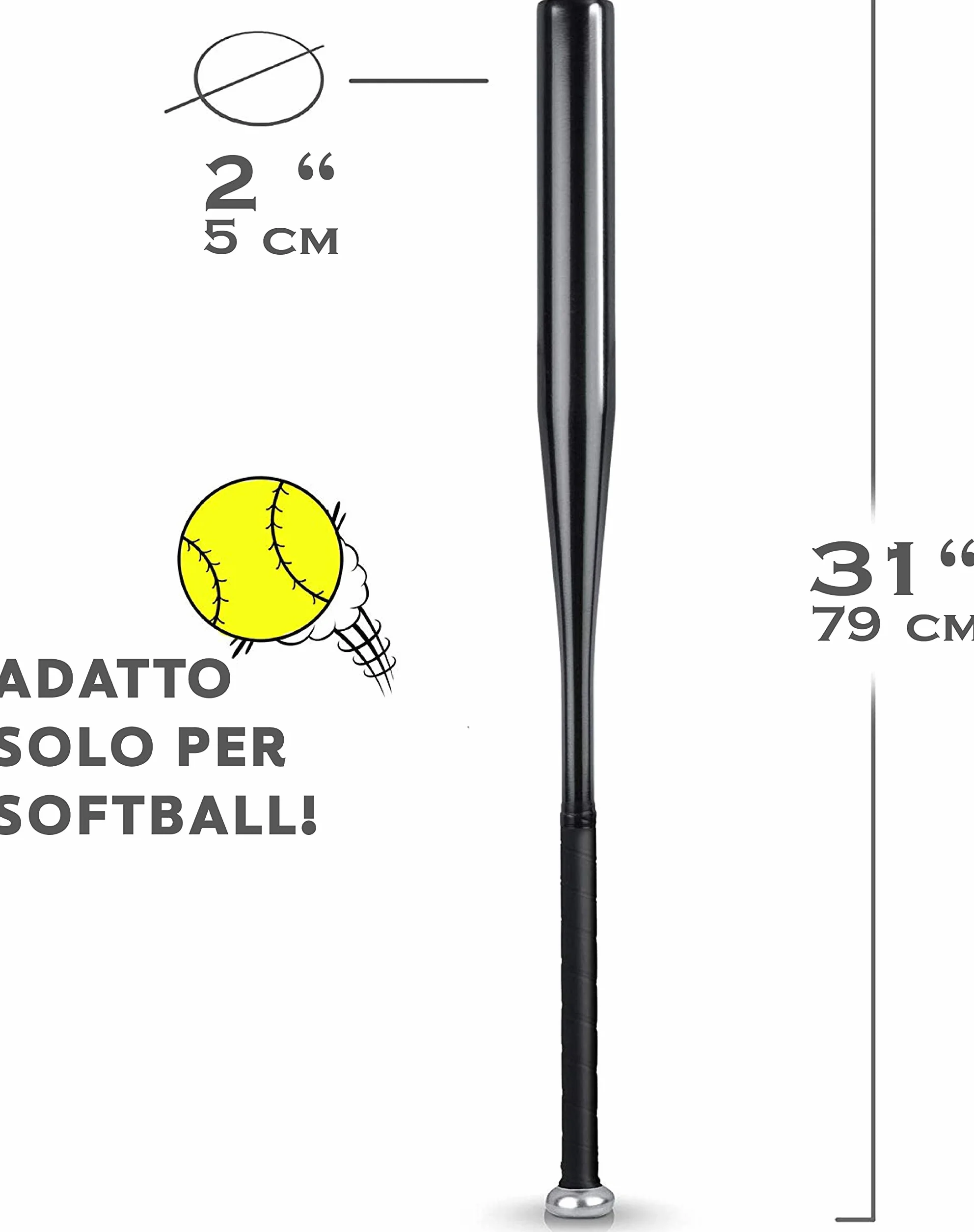 Heldenwerk Mazza da Baseball in Legno o Alluminio Nero 31 Impugnatura Antiscivolo
