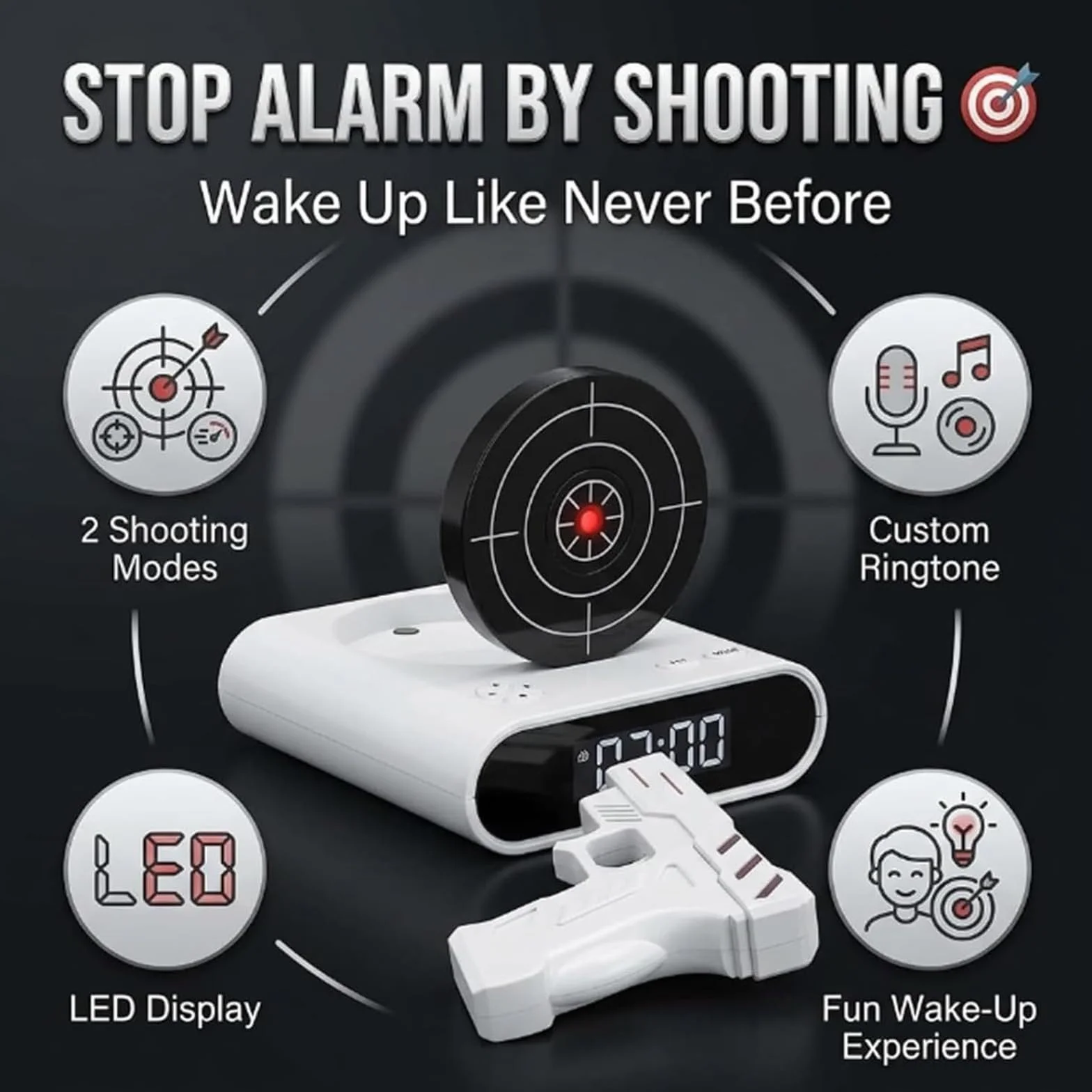 Sveglia interattiva con pistola e bersaglio, timer digitale LED 2 modalità allarme, orologio personalizzato per sonno pesante (Army Green)