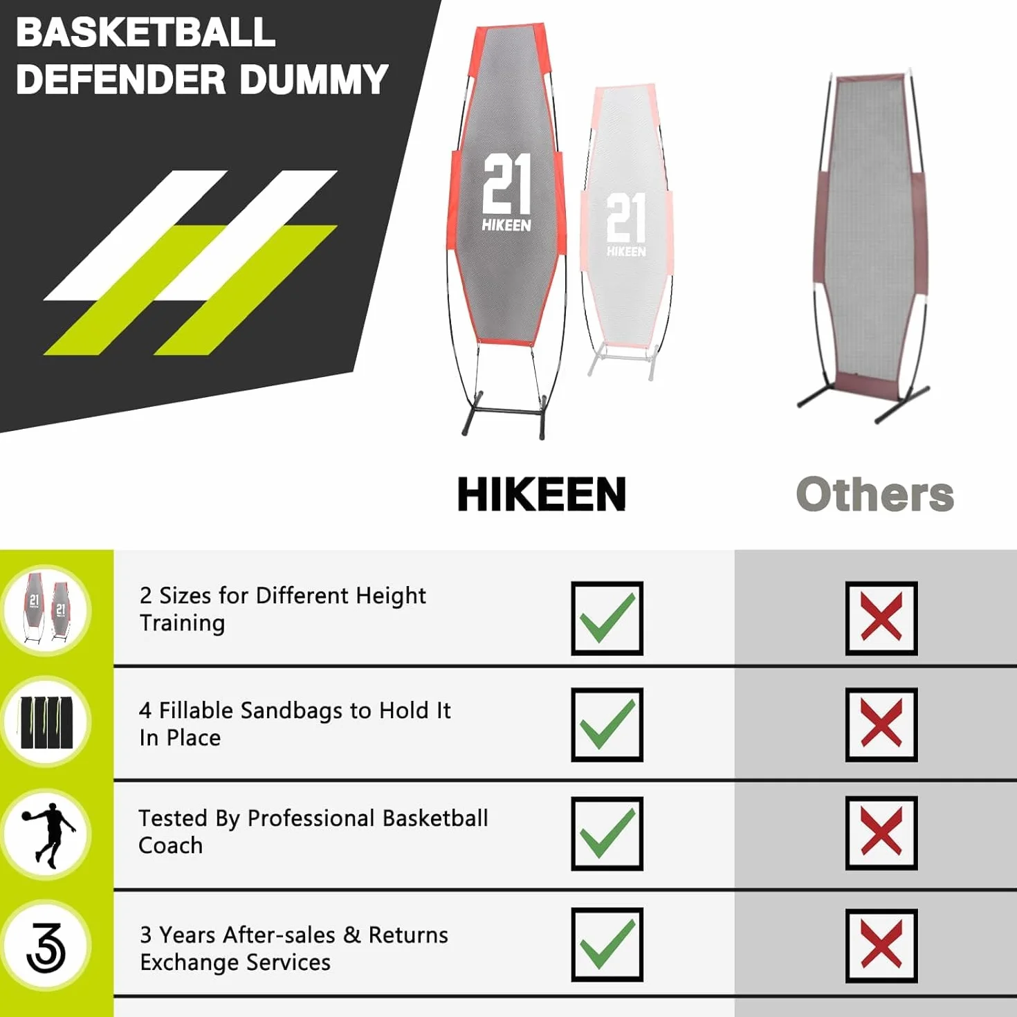 Hikeen Manichino Difensore Basket, Attrezzatura Allenamento Palleggio Tiro Passaggi, 2 Palpieghevoli Regolabili 240cm+200cm, 4 Sacchetti Sabbia Base