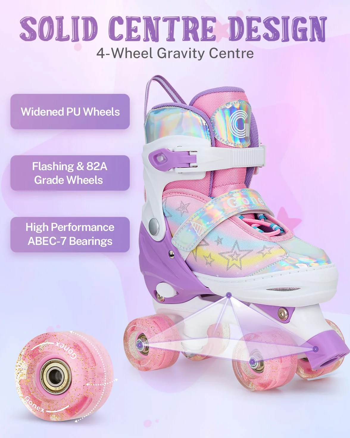 Gonex Pattini a Rotelle per Bambina Bambini Ragazzi Ragazze Principianti, Pattini Regolabili con 4 Ruote Illumina LED