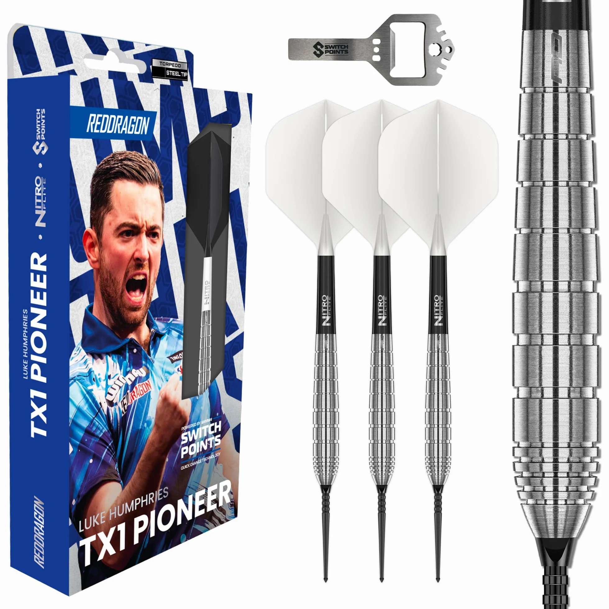 RED DRAGON Luke Humphries "Coolhand" TX1 Switch Points, freccette professionali in acciaio da 22 g, freccette professionali al 90% in tungsteno con alette e fusti