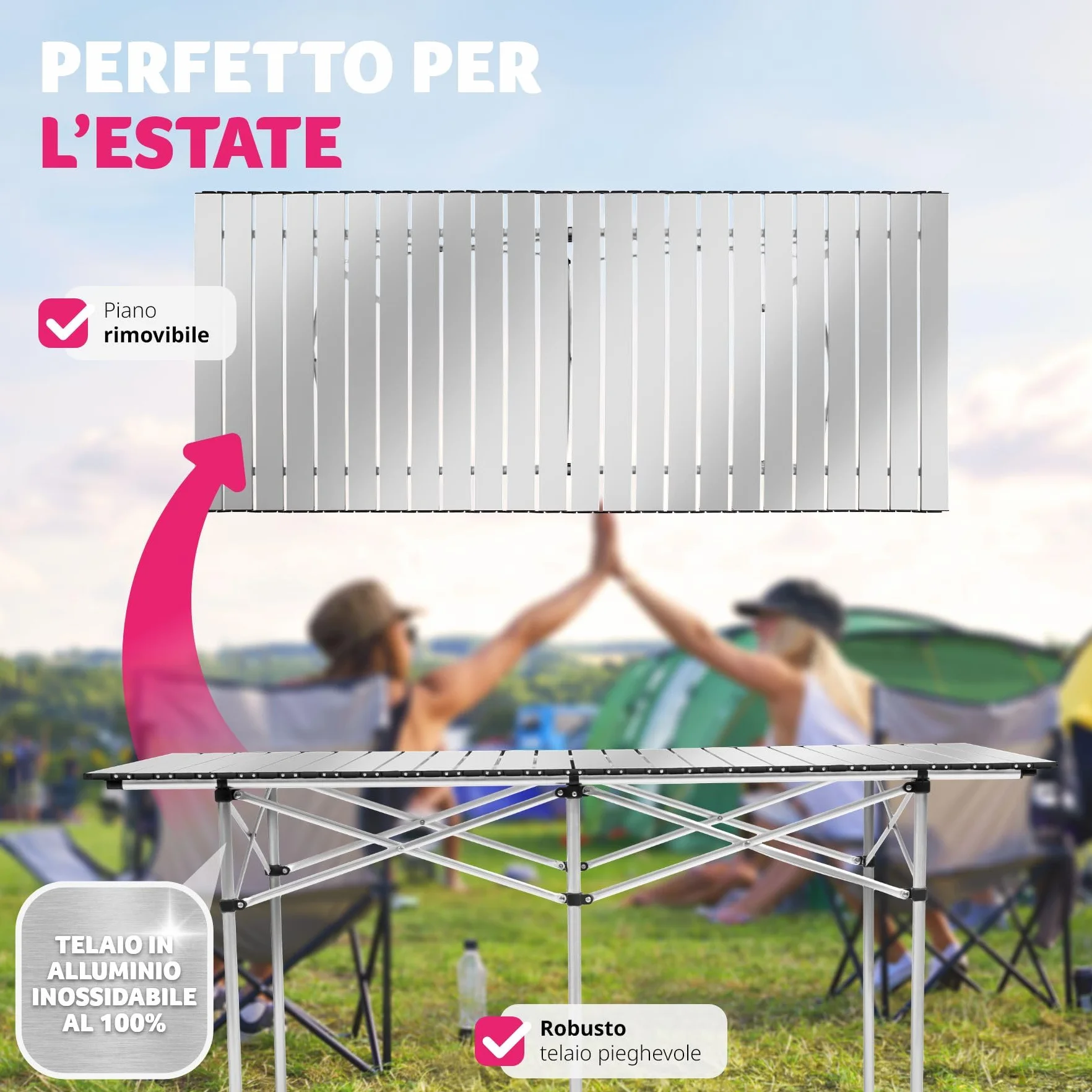 Tavolo da Campeggio Pieghevole in Alluminio 140x70x70 cm Grigio con Borsa da Trasporto