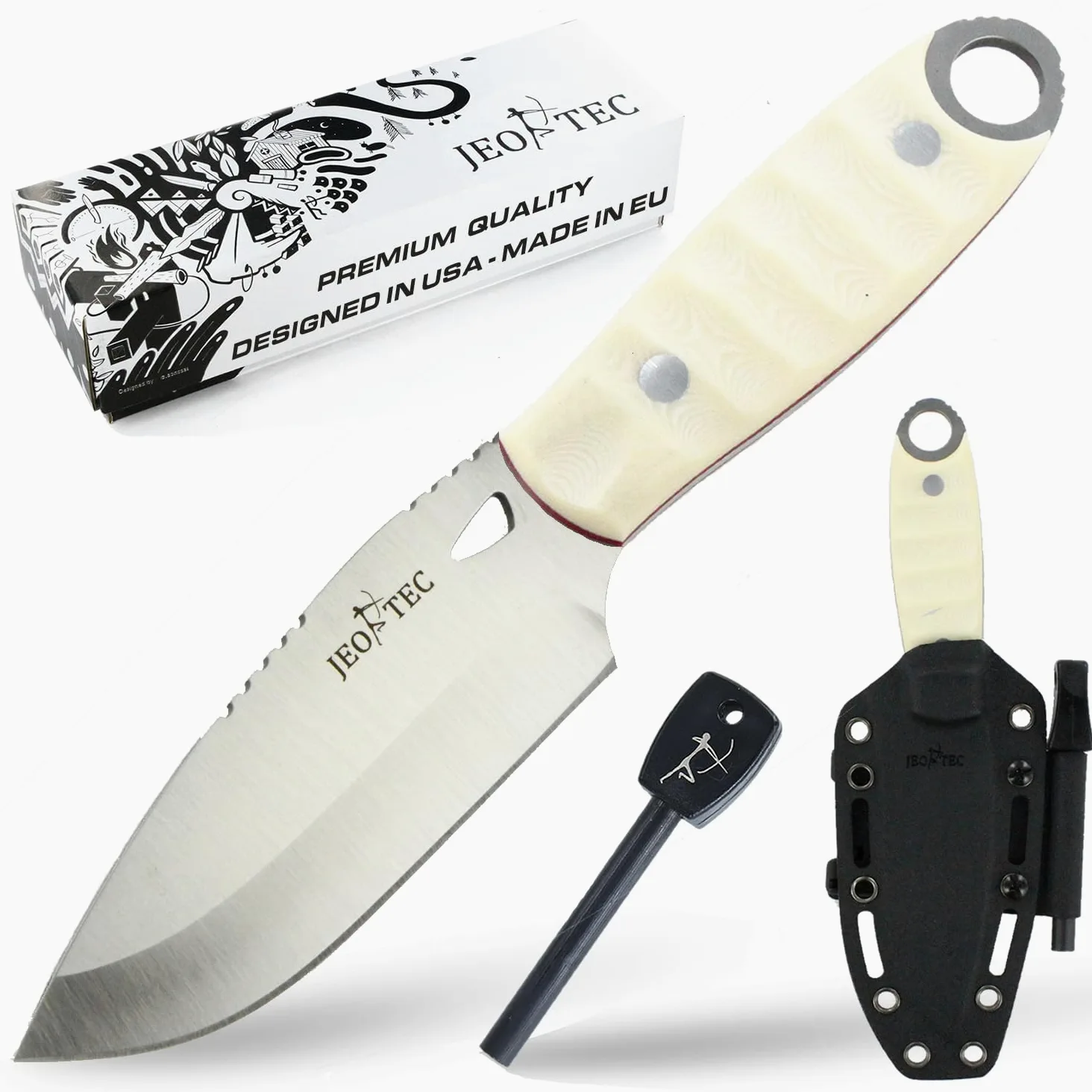 JEO-TEC Nº10 - Coltello Full-Tang a Lama Fissa per Bushcraft Sopravvivenza Pesca Caccia Campeggio, Lama di 10 cm Acciaio Inossidabile, Fodero, Ferrocerio, Handmade in Spain