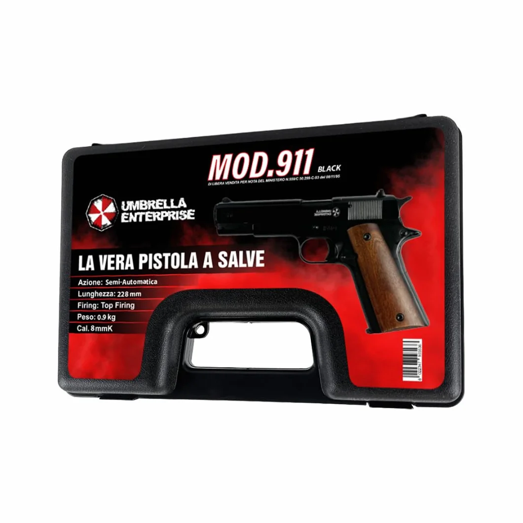 Pistola a Salve Mod. 1911 Top Firing 9 mm, Segnalatore Acustico Scacciacani, Nera e legno - Kit con Olio Ballistol