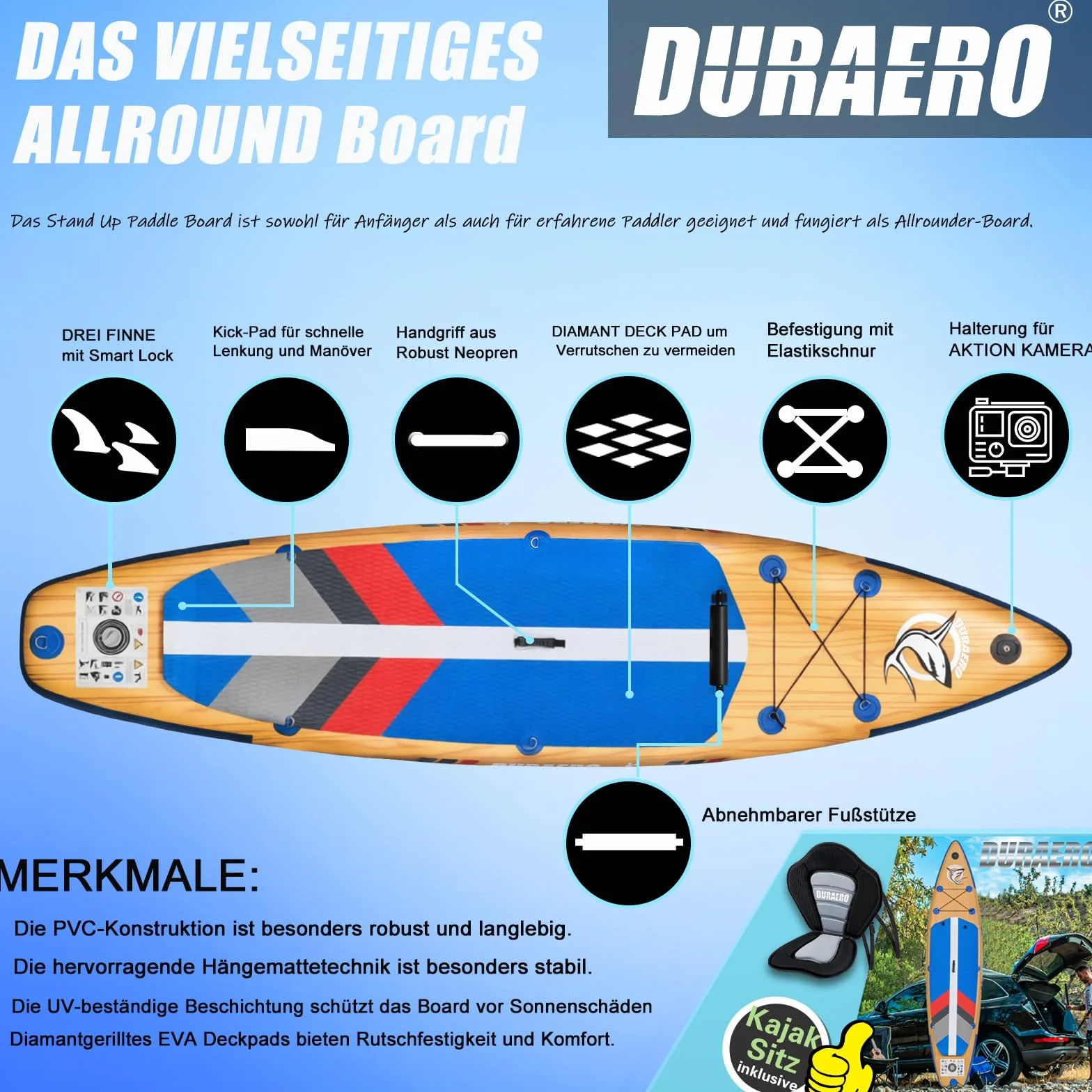 DURAERO Tavola SUP gonfiabile XXL 330cm, stand up paddle con sedile kayak e poggiapiedi, pagaia doppia, supporto fotocamera, accessori completi, portata 150 kg, effetto legno