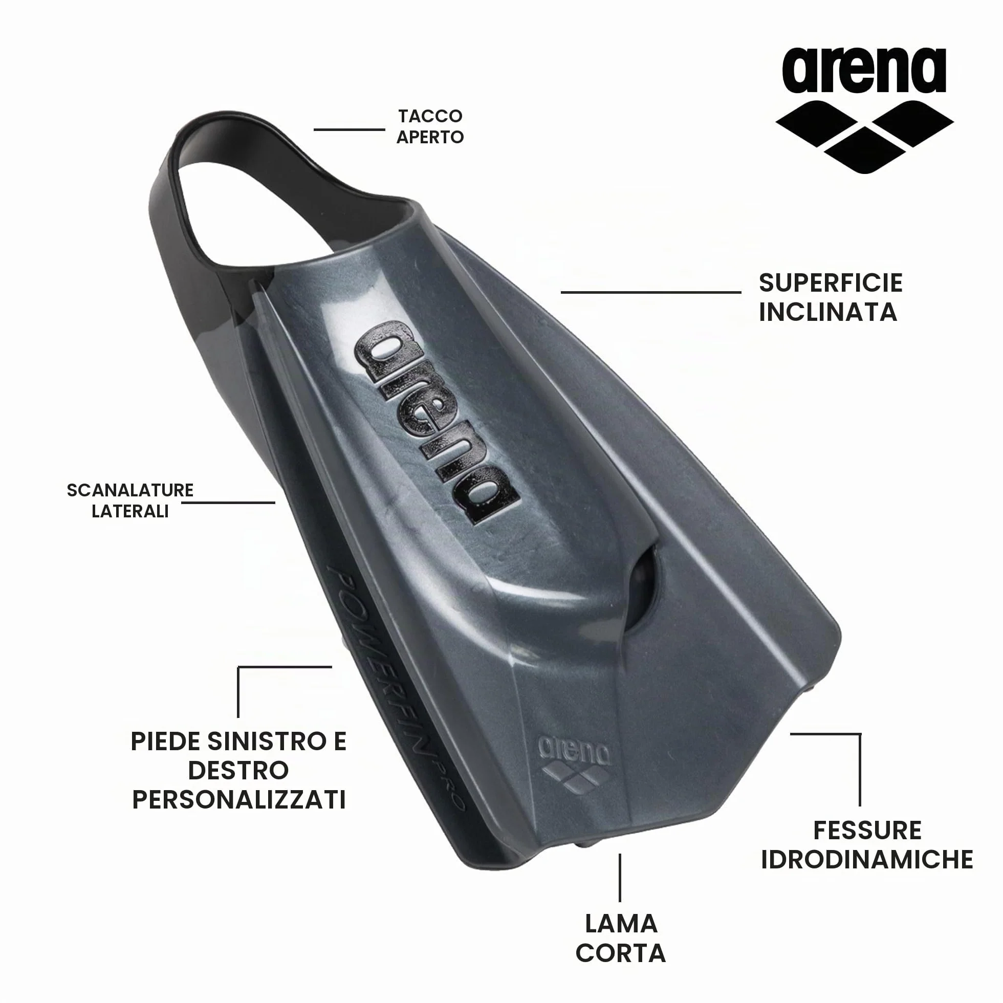 Arena Powerfin PRO II Pinne Unisex Adulti Silicone Lama Corta Piede Personalizzabile 36,5-47,5