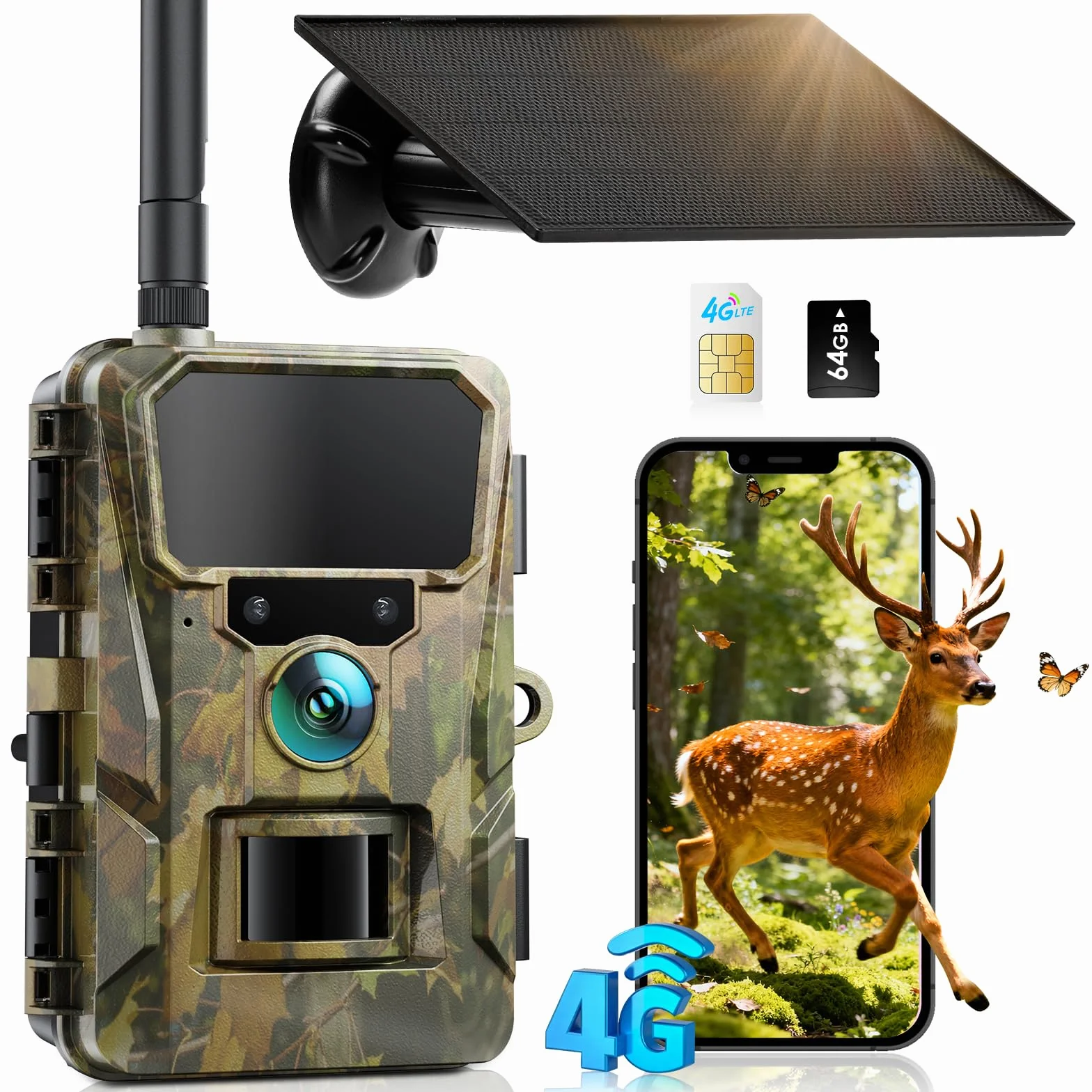 CEYOMUR 4G LTE Fototrappola Solare 48MP con SIM e TF 64GB, Batteria 5200mAh, IP66