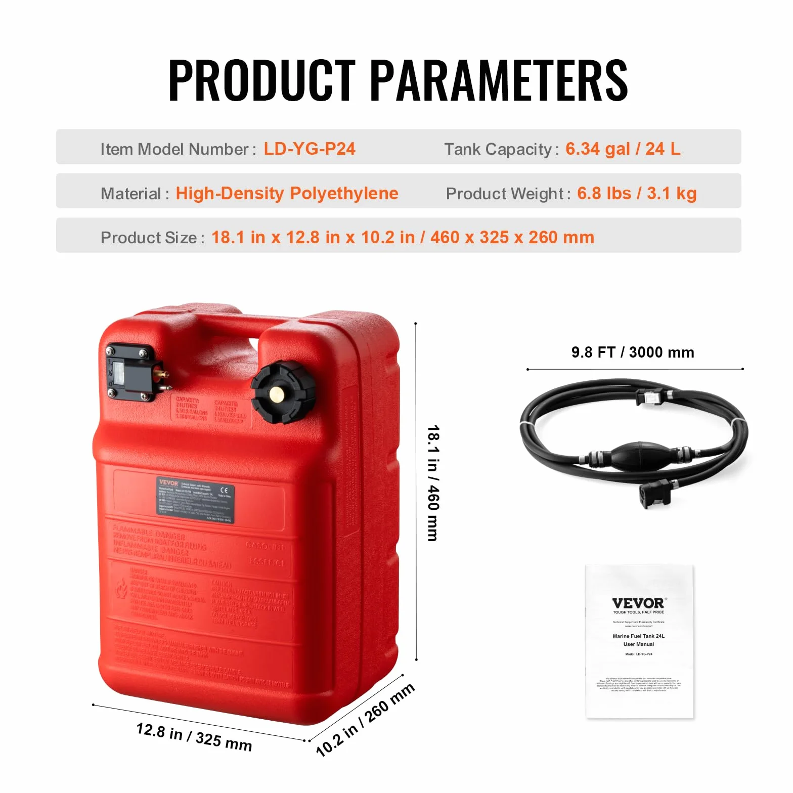 VEVOR Serbatoio Carburante Marino 24 L Portatile per Barche Fuoribordo Plastica Rosso
