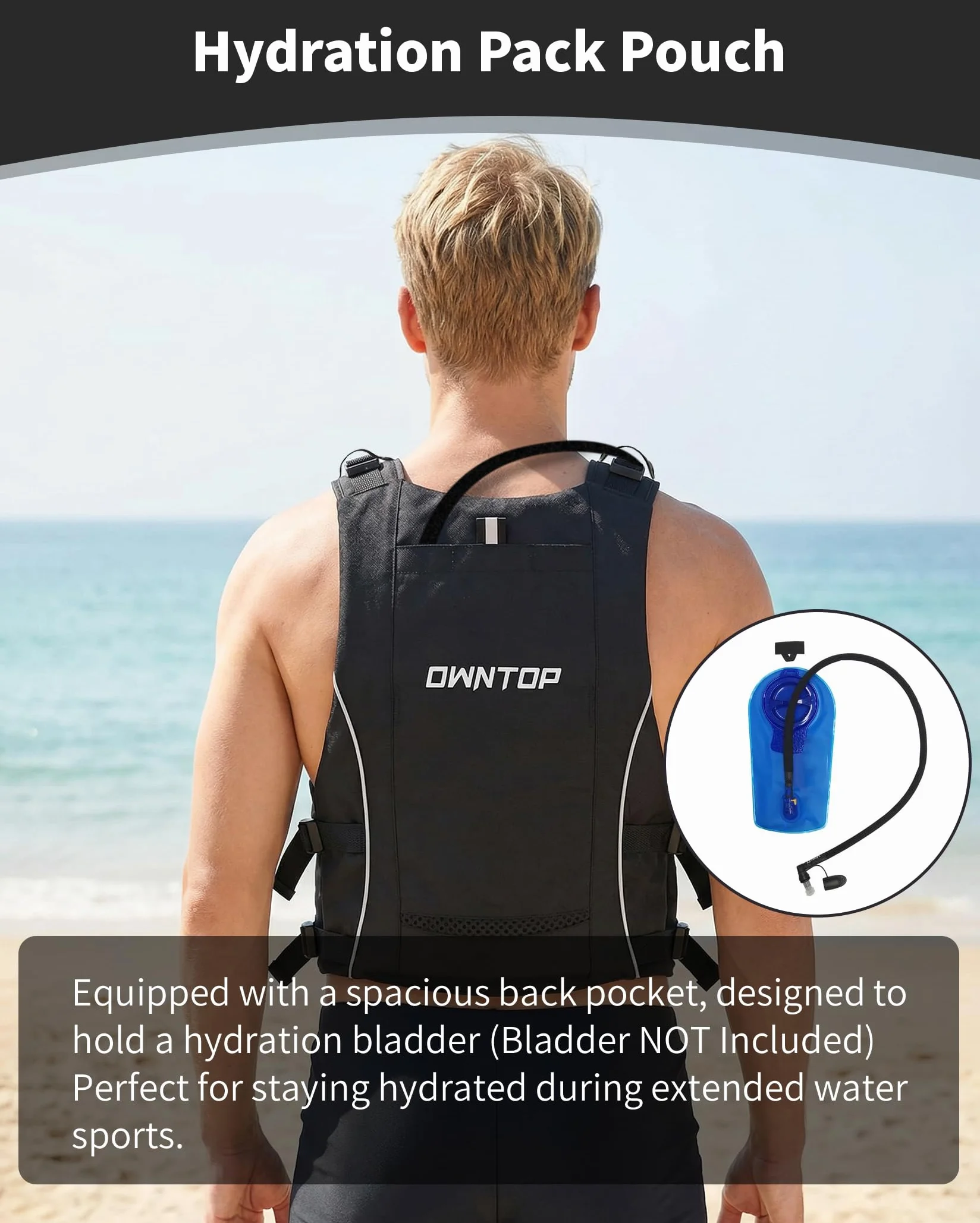 Owntop Aiuti per La Galleggiabilità per Adulti e Adolescenti con Zaino Idratazione, Fischietto e Tasche - Giubbotto Galleggiante Regolabile Gilet da Nuoto Unisex per Paddleboard, Kayak, Pesca, Vela