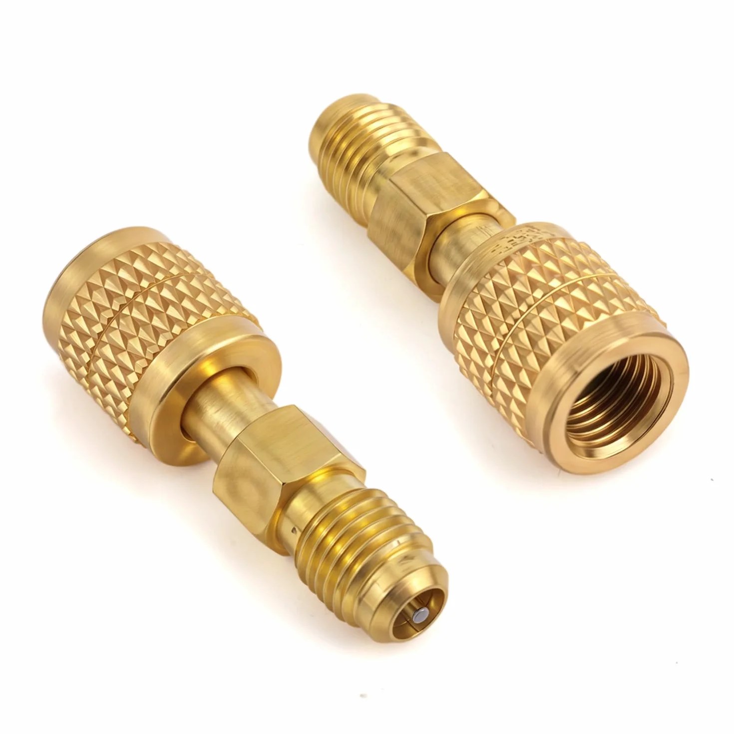 2pz Adattatori in Ottone per Refrigerante R32 e R454B, Filettatura Inversa da 1/4" Femmina a Maschio Raccordi a Innesto Rapido Resistenti e Bassa Perdita per Refrigerante Sistemi Mini Split