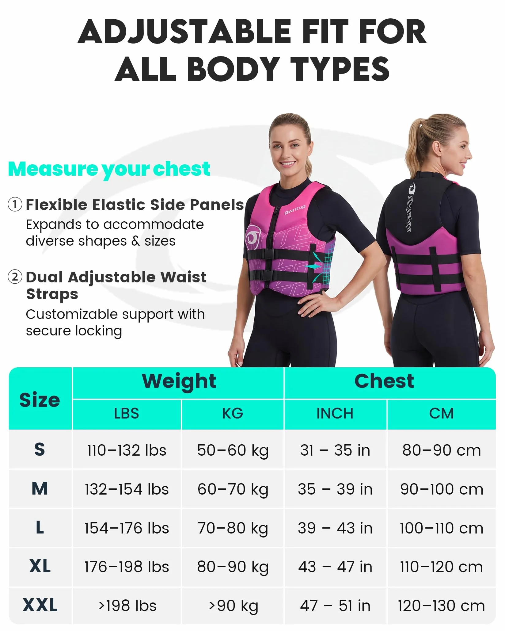 Owntop Giubbotto Galleggiante per Adulti | Aiuto al Galleggiamento in Neoprene Pieghevole con Doppie Cinghie in Vita | Gilet di Galleggiamento Leggero per Barca, Kayak, Paddle e Pesca