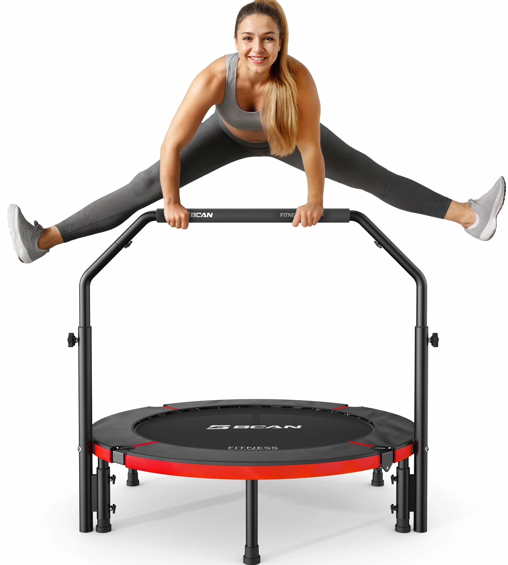 Trampolino da interno BCAN, mini trampolino fitness pieghevole da 102 cm, per adulti con maniglia regolabile, carico massimo 150 kg, ideale per l'allenamento a casa e l'allenamento fisico