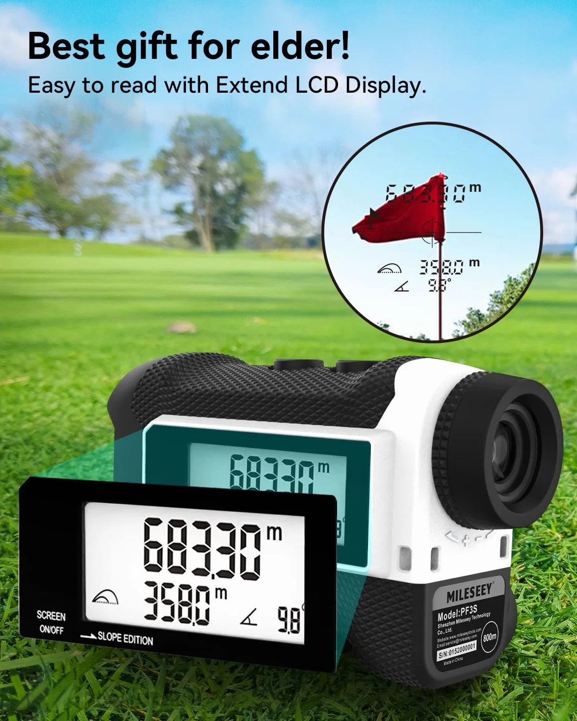 MiLESEEY PF3S Telemetro Golf/Caccia Da 800M con Display LCD Telemetri da Golf, con Interruttore di Inclinazione, Blocco Bandiera e Vibrazione, Precisione ± 0,5M, Montaggio su Treppiede