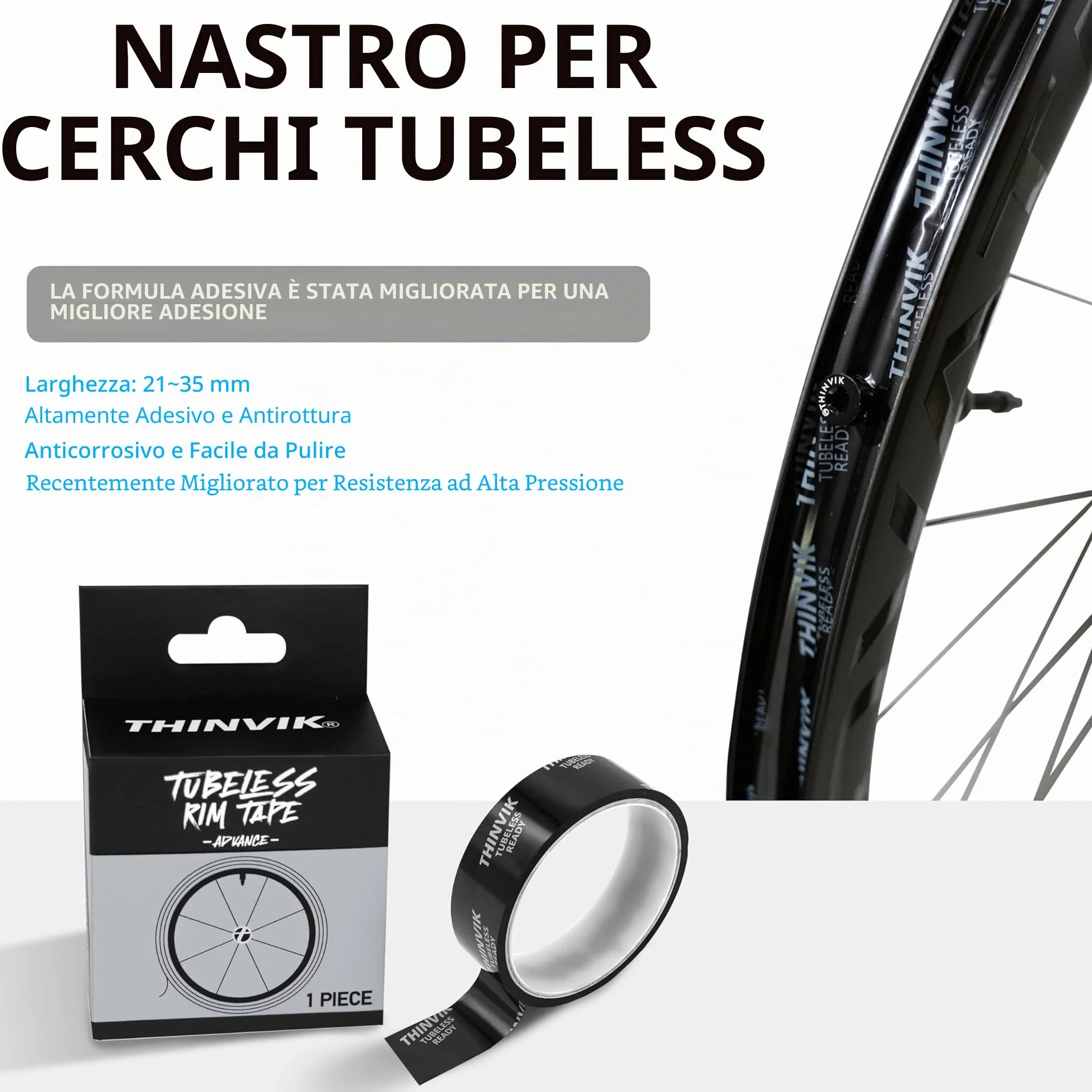 Nastro per Cerchi Tubeless 21-35 mm x 10 m per Bici MTB e Strada Cerchi in Carbonio e Lega