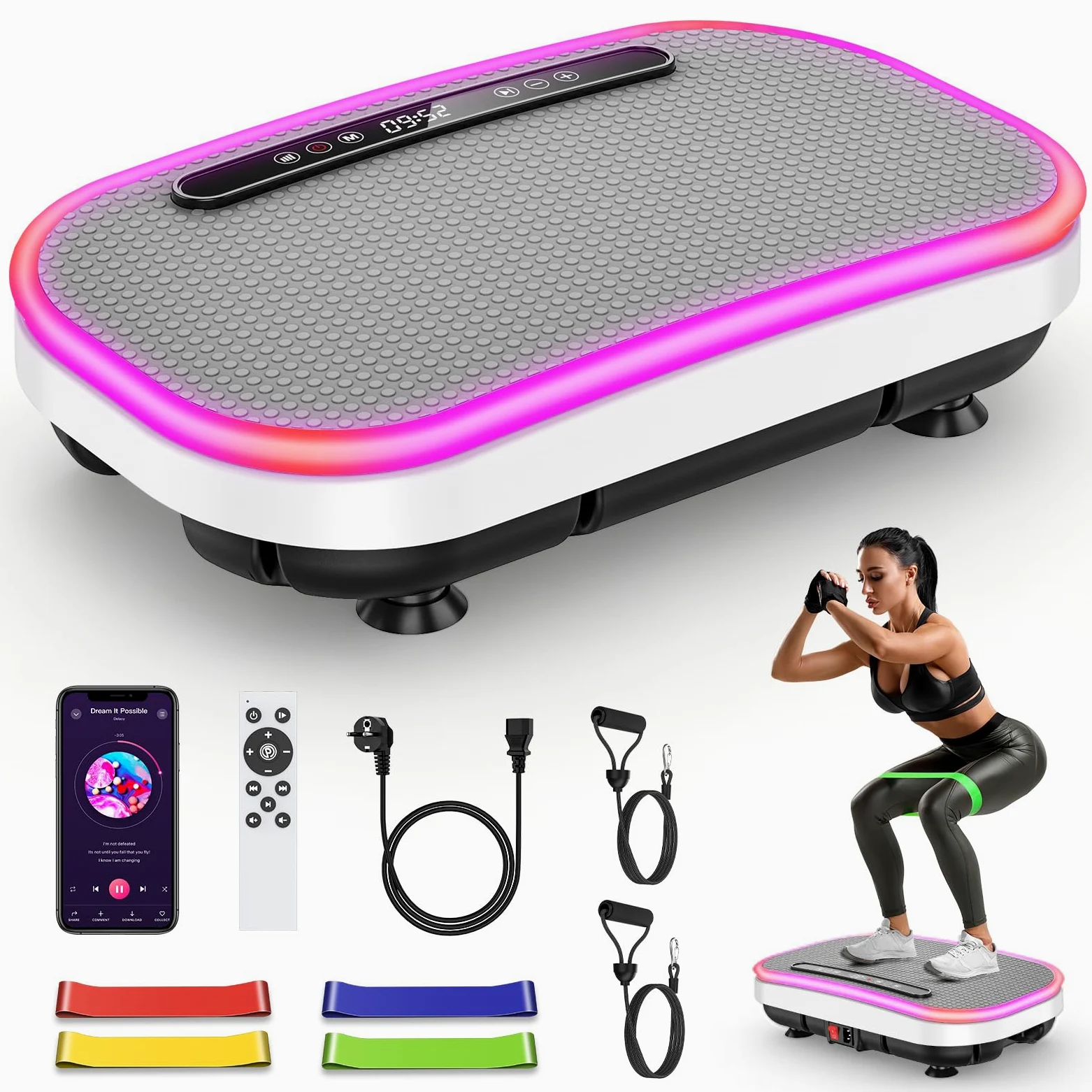 Pedana Vibrante, Pedana Vibrante Dimagrante con Banda di Resistenza, 9 Modalità Regolabili, 1-120 Livelli Di Intensità, Supporto Bluetooth, Telecomando, Schermo LED, Capacità di Carico 150KG