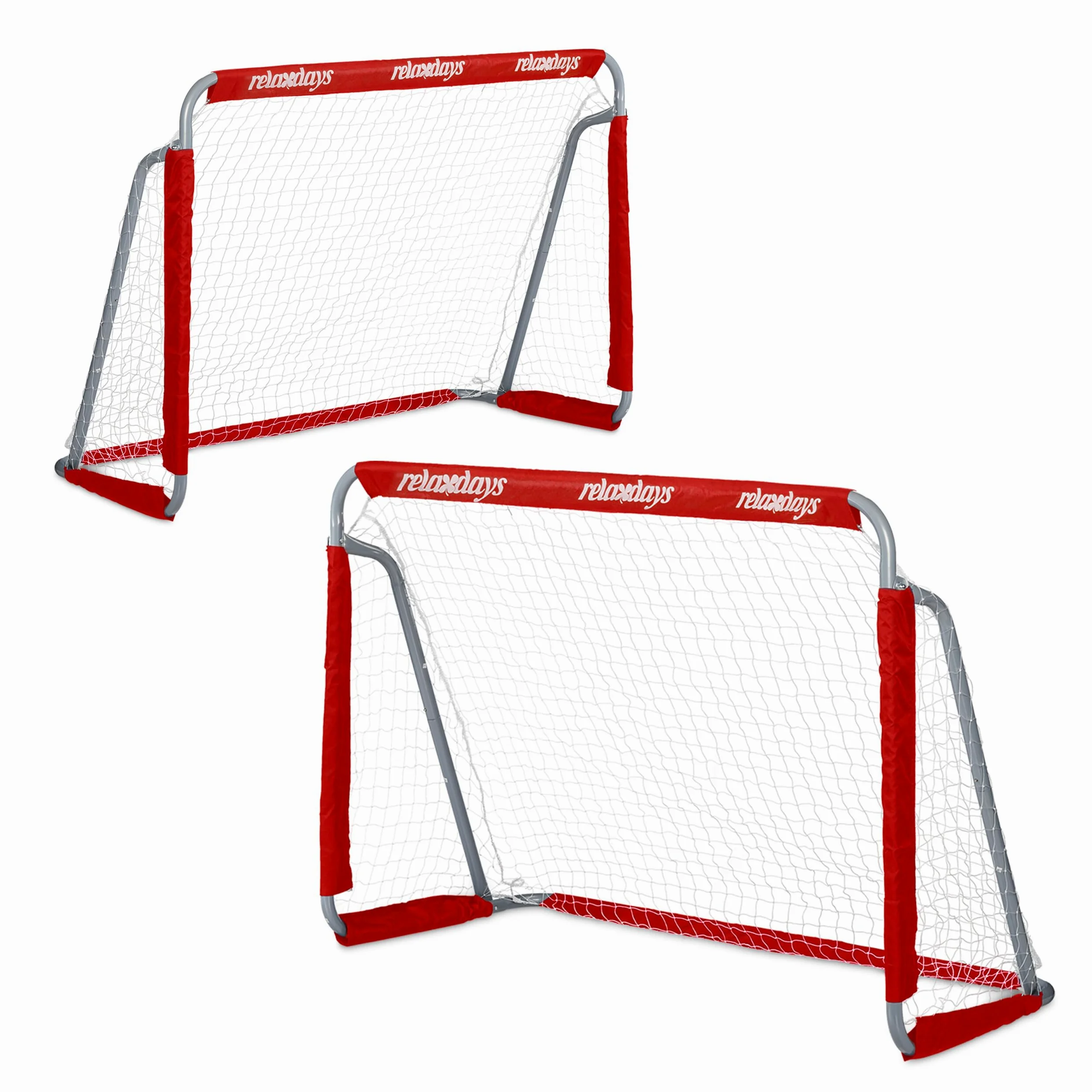 Relaxdays Porte da Calcio, Giardino, Set da 2 per Calcetto, Adulti e Bambini, in Metallo, con Rete, 110x150x75 cm, Rosso