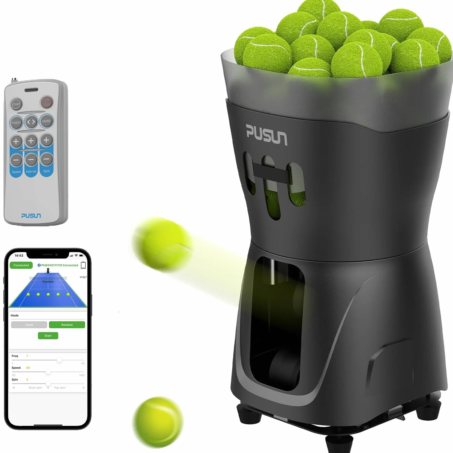 PUSUN PT-Mini Pro Macchina portatile per palline da tennis, 65 palline, supporta app e telecomando
