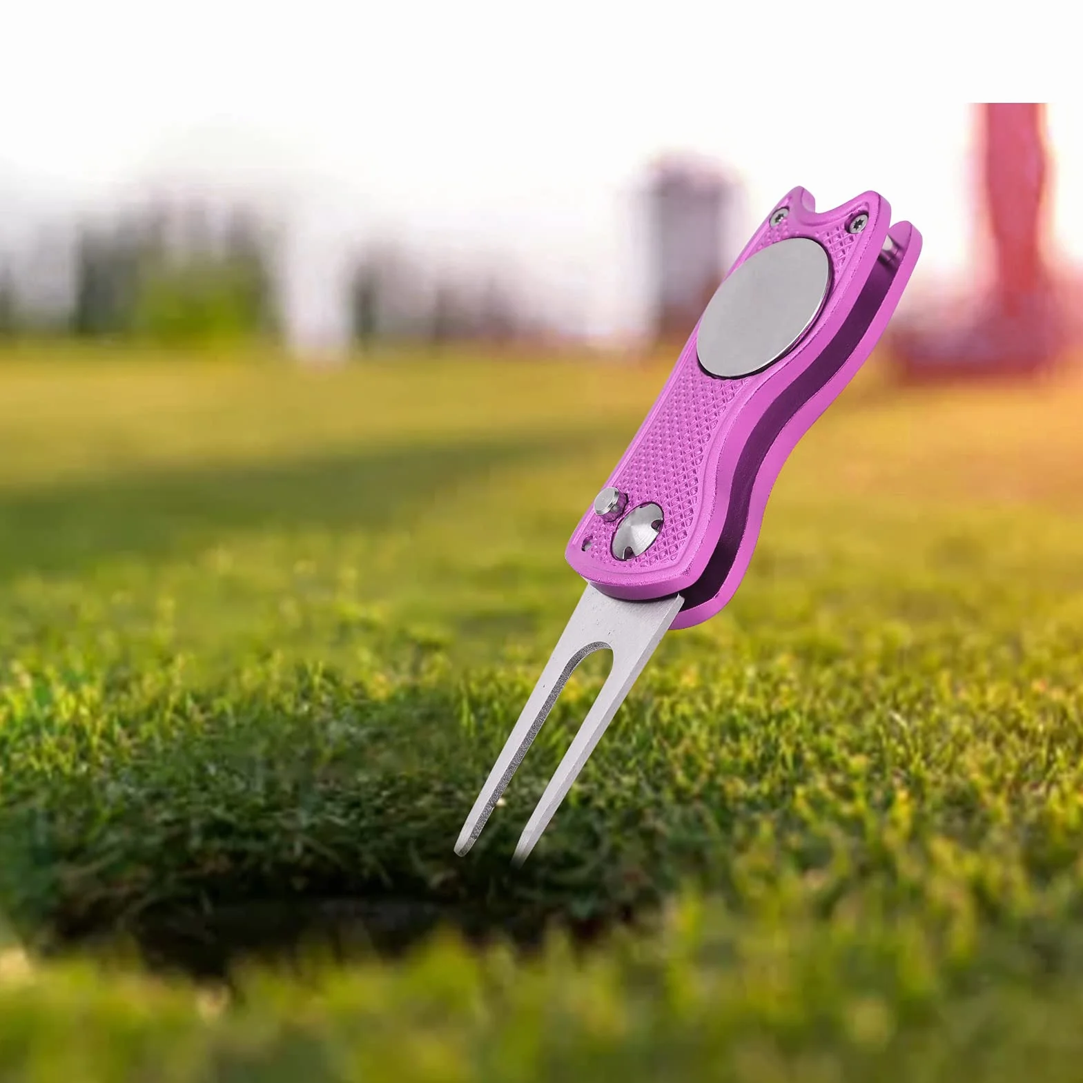 Forchetta da Golf Pieghevole in Acciaio Inossidabile, Strumento di Riparazione Divot Magnetico con Marcapalle, Rosa