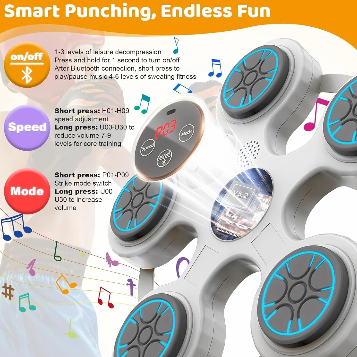 Music Boxing Machine per Adulti,Elettronica Bluetooth Boxing Machine con Musical Boxing Machine con Guantoni da Boxe,11 Velocità Regolabile e modalità di conteggio
