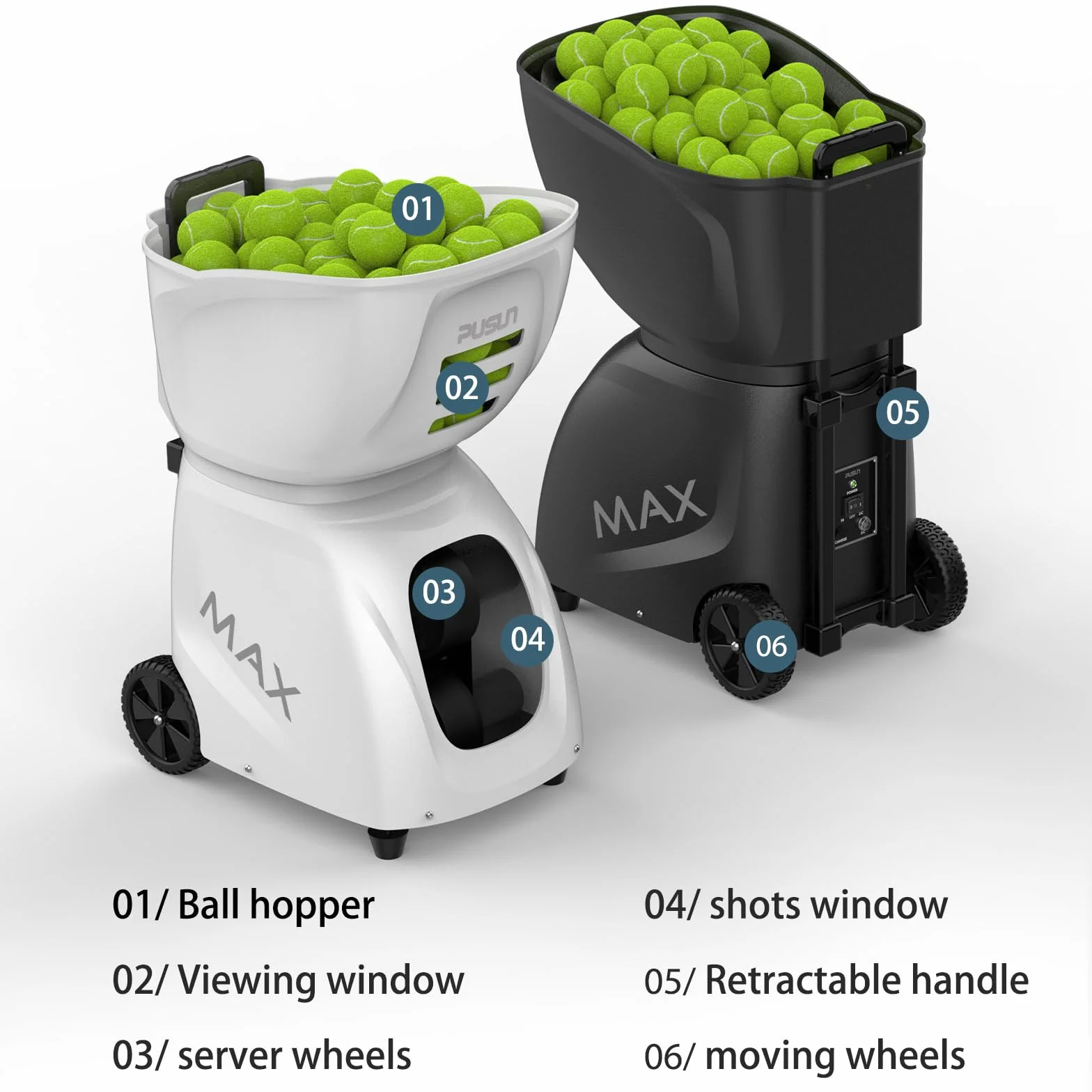 PUSUN PT-MAX C Macchina per palline da tennis professionale con controllo APP 28 punti 26 modalità allenamento velocità variabile