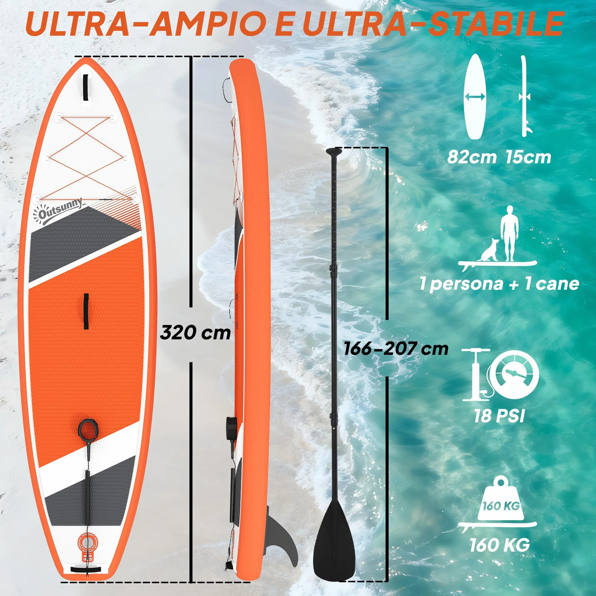 Outsunny Tavola Sup Gonfiabile Adulti, Stand Up Paddle Board con Ponte Antiscivolo in EVA, Pagaia in Alluminio Regolabile, Zaino, Pompa, Pinna Rimovibile, Carico 160 kg, 320x82x15cm, Tutti i Livelli