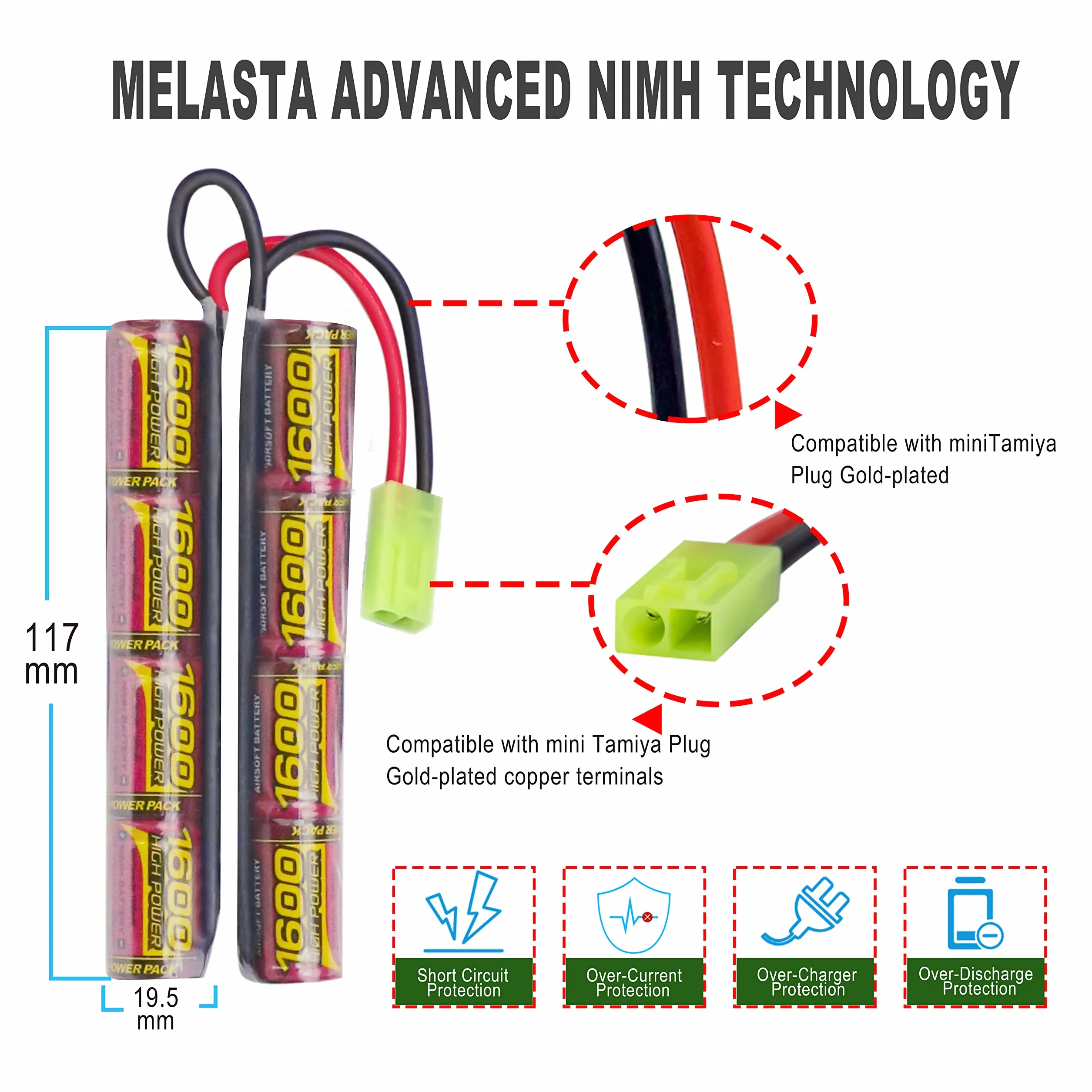Airsoft NiMH Batteria 9.6V 1600mAh per AEG con Connettore Tamiya