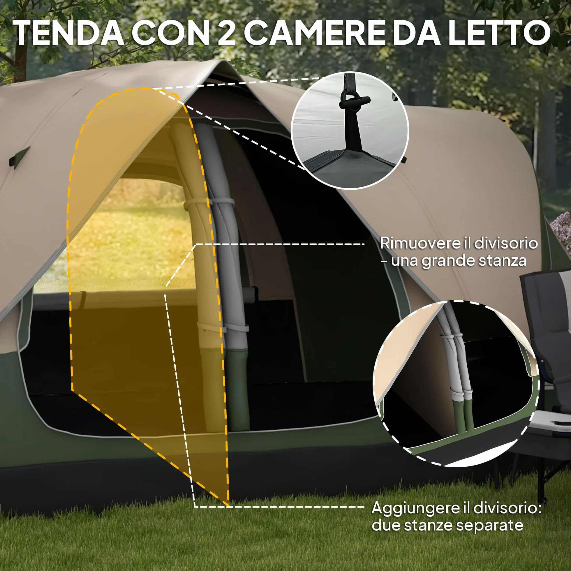 Outsunny Tenda da Campeggio 6-8 Posti 2 Stanze Separate Tunnel Protezione PU2000mm 450x215x180 cm