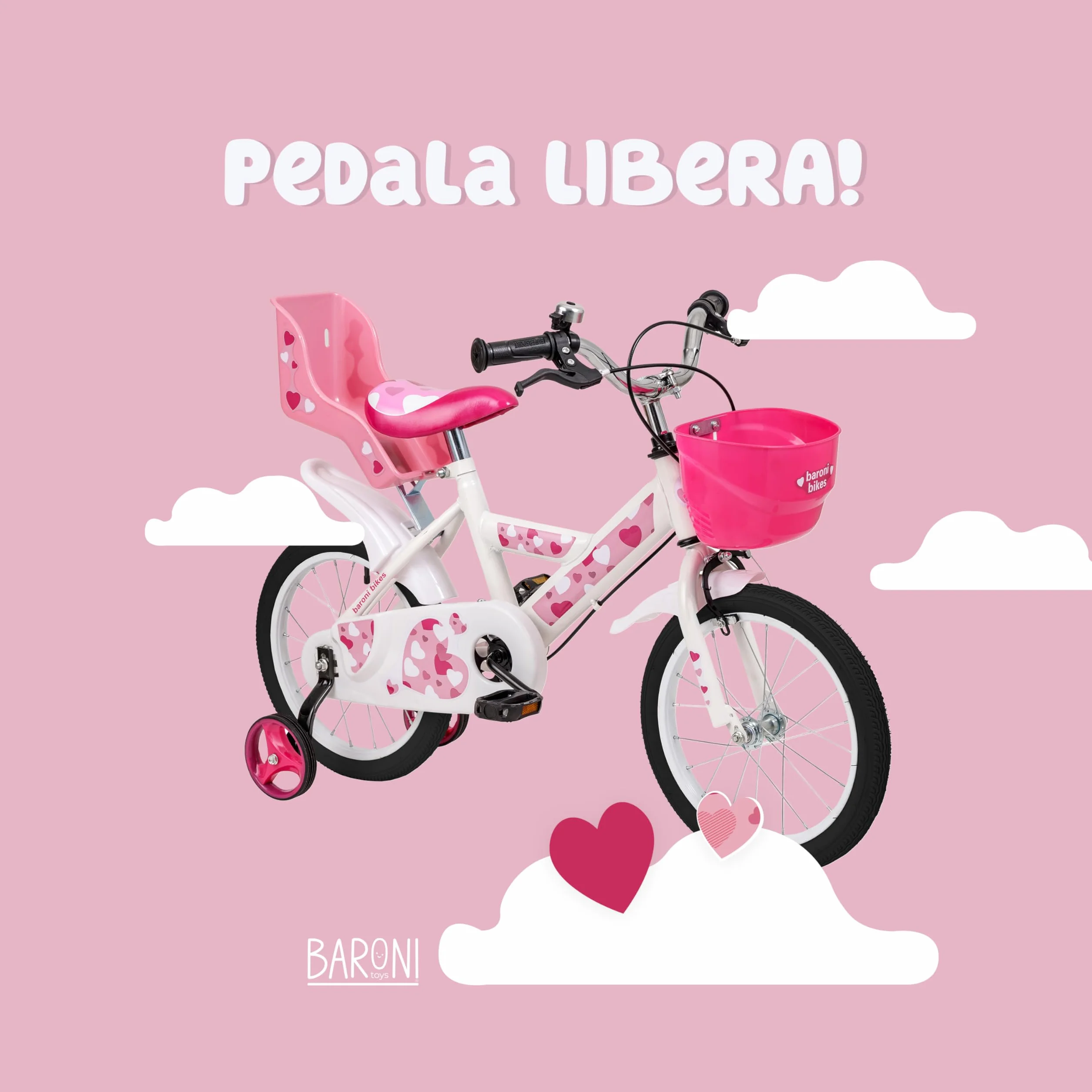 Baroni Toys Bicicletta Bambina Rosa Cuori 12" 14" 16" con Cestino e Rotelle