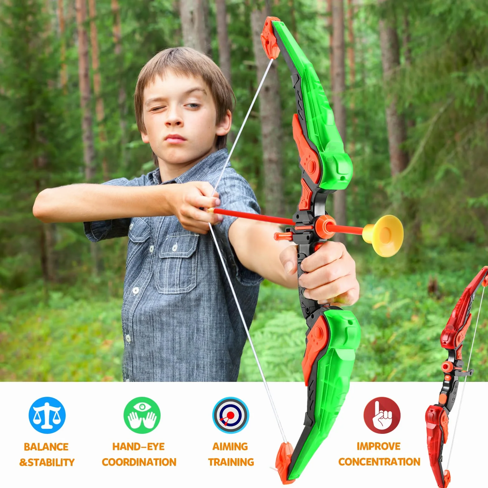 Doloowee Arco e Freccia per Bambini Giocattoli con Luce LED Set Tiro con L'Arco 8 Frecce a Ventose Bersaglio Faretra Spalla