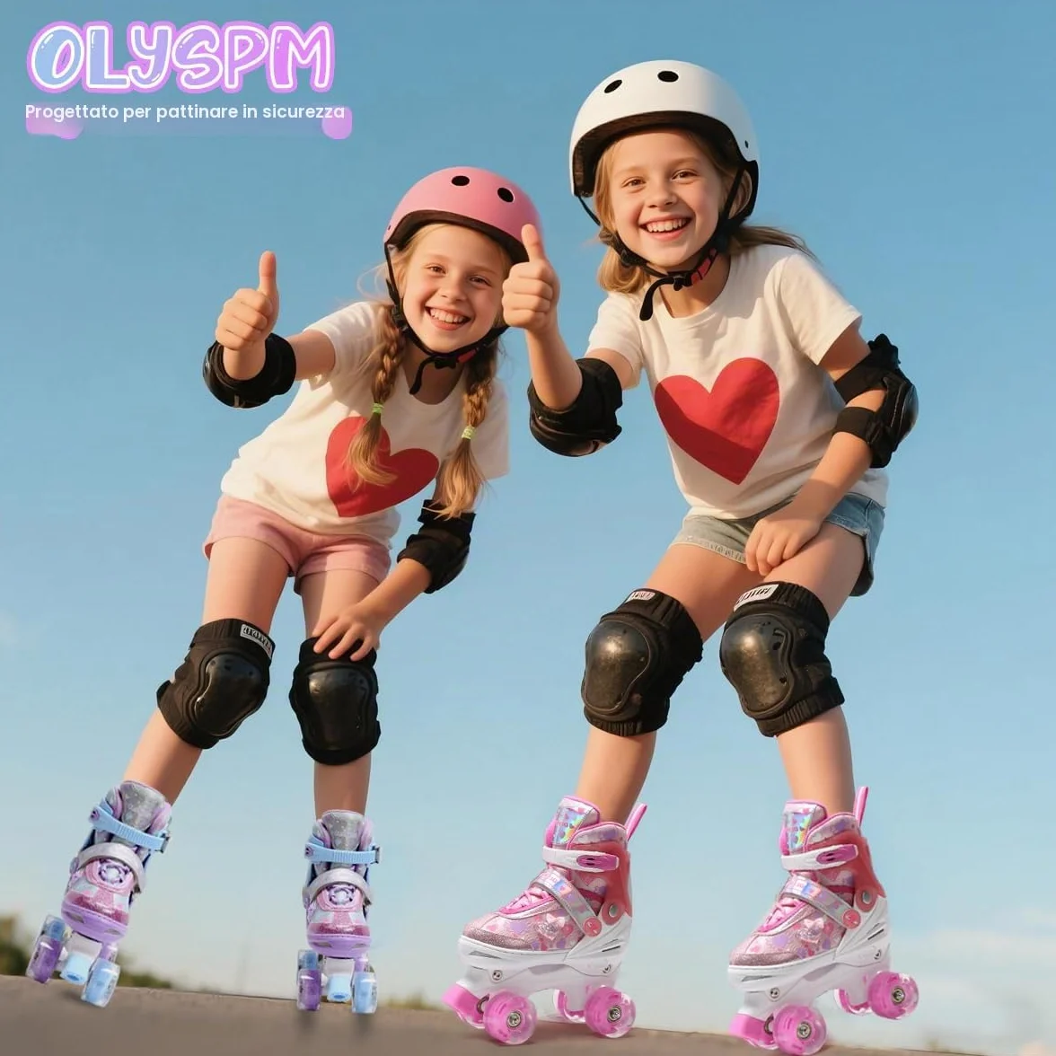 Pattini a Rotelle Bambina con Cuori Sognanti e Ruote Luminose, 4 Taglie Regolabili