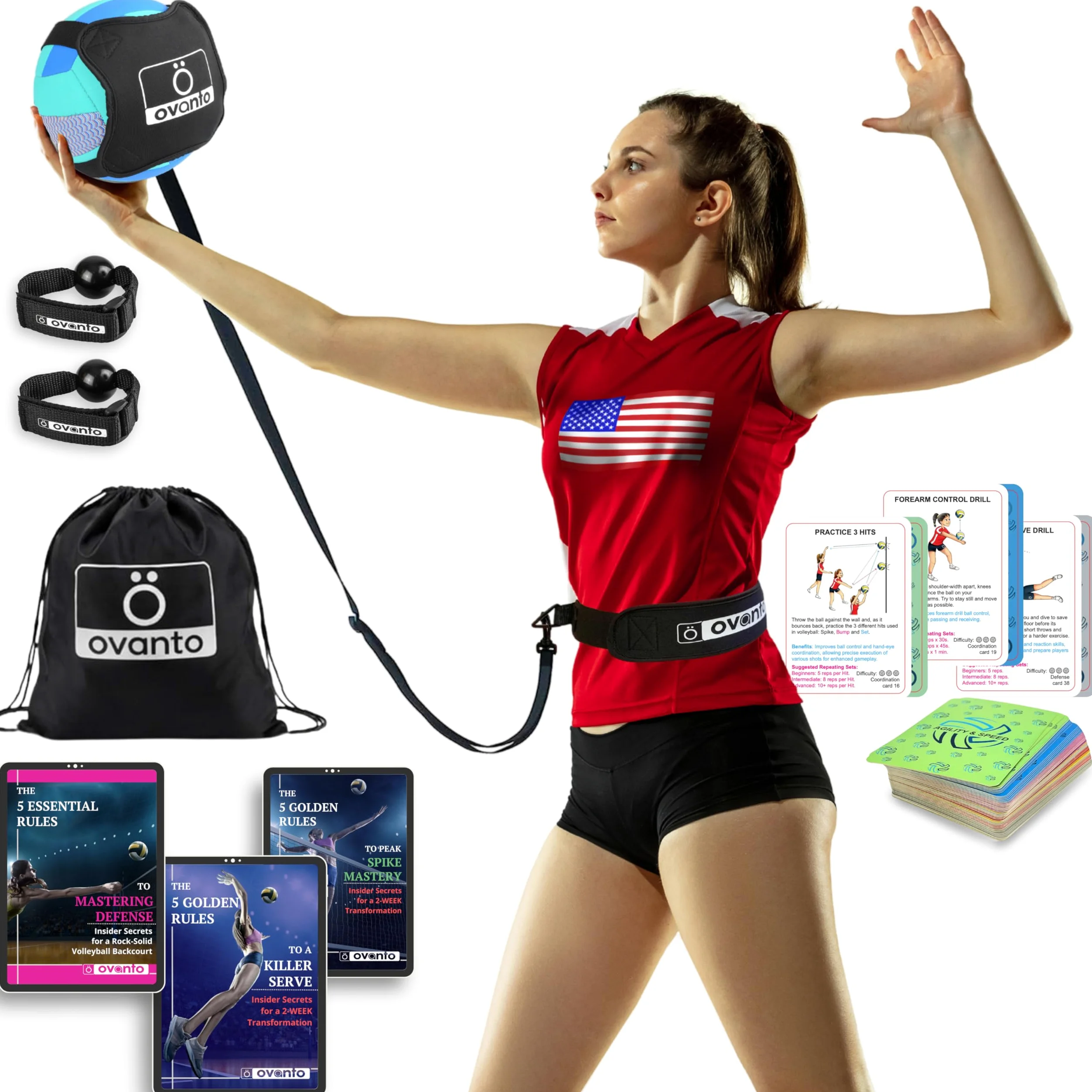 OVANTO Attrezzatura per allenamento pallavolo – Kit per allenatore di pallavolo da solista per servire e spuntare come un professionista – Adatto a girovita da 50,8 a 116,8 cm, corda rinforzata che si